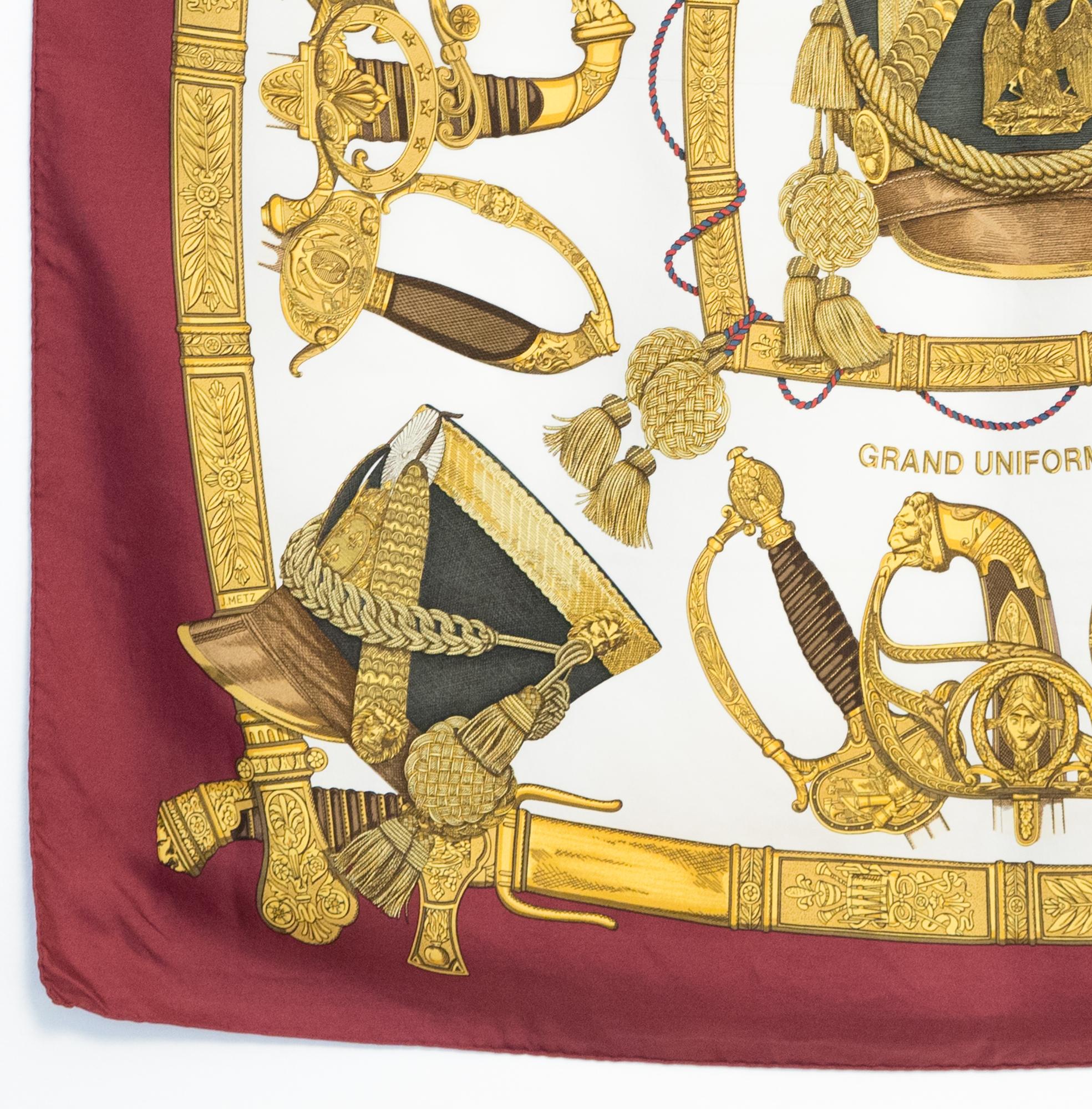 1985 Hermes Bordeaux Grand uniforme by J Metz Silk Scarf In Good Condition For Sale In Paris, FR