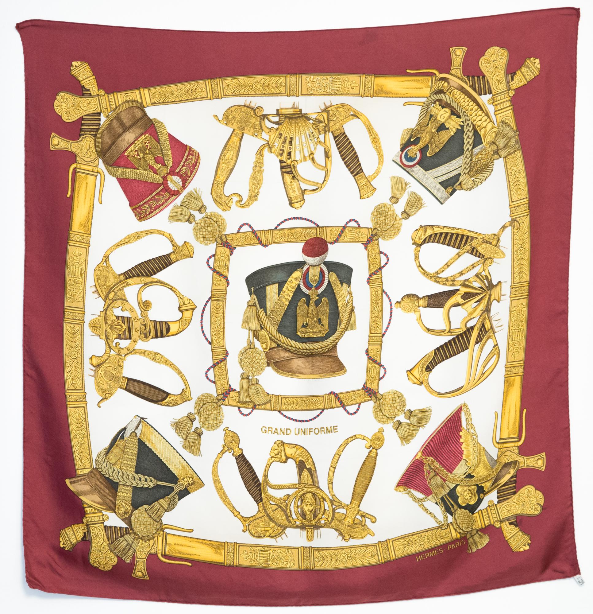 1985 Hermes Bordeaux Grand uniforme by J Metz Silk Scarf For Sale 1