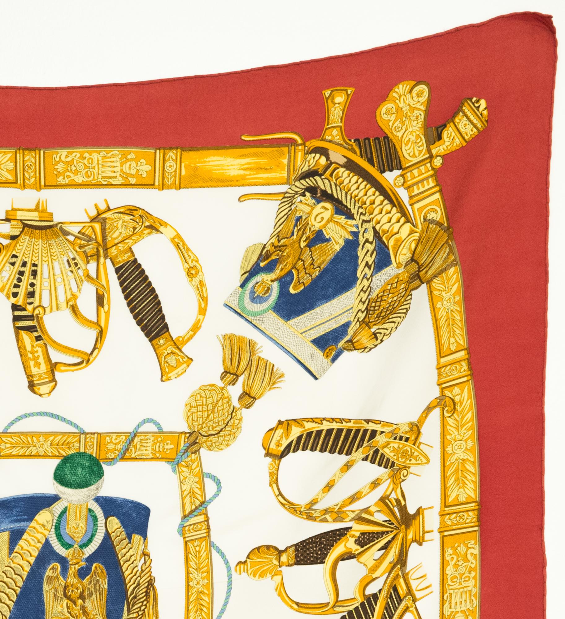 1985 Hermes Red Grand Uniforme by Joachim Metz Silk Scarf In Good Condition For Sale In Paris, FR