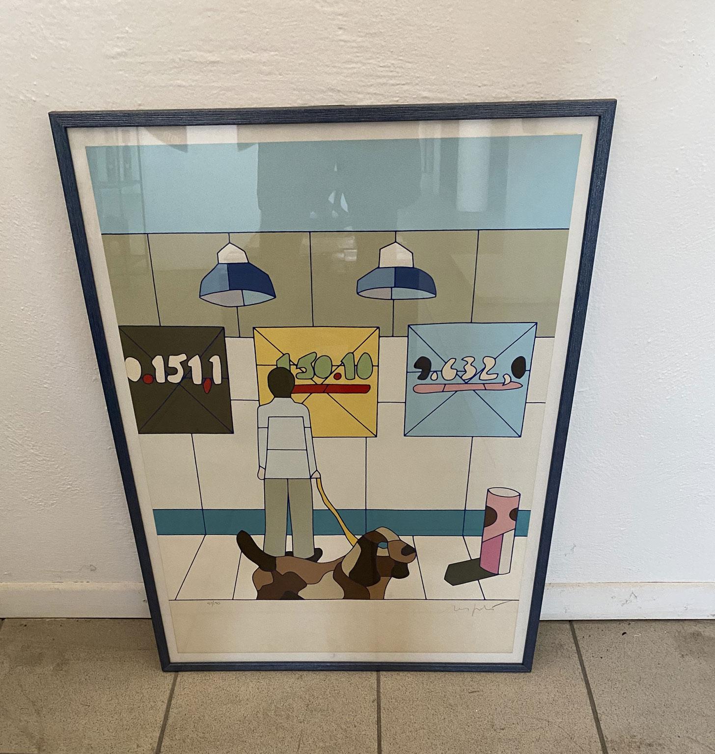 Dies ist ein ansprechendes Kunstwerk des bekannten italienischen Künstlers Ugo Nespolo, das eindeutig von seiner amerikanischen Periode und von der Pop Art beeinflusst ist. Seine leuchtenden Farben sind eine Freude für das Leben.  
Dies ist eine