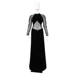 1985 Jacqueline De Ribes black velvet gown with sheer lace panels