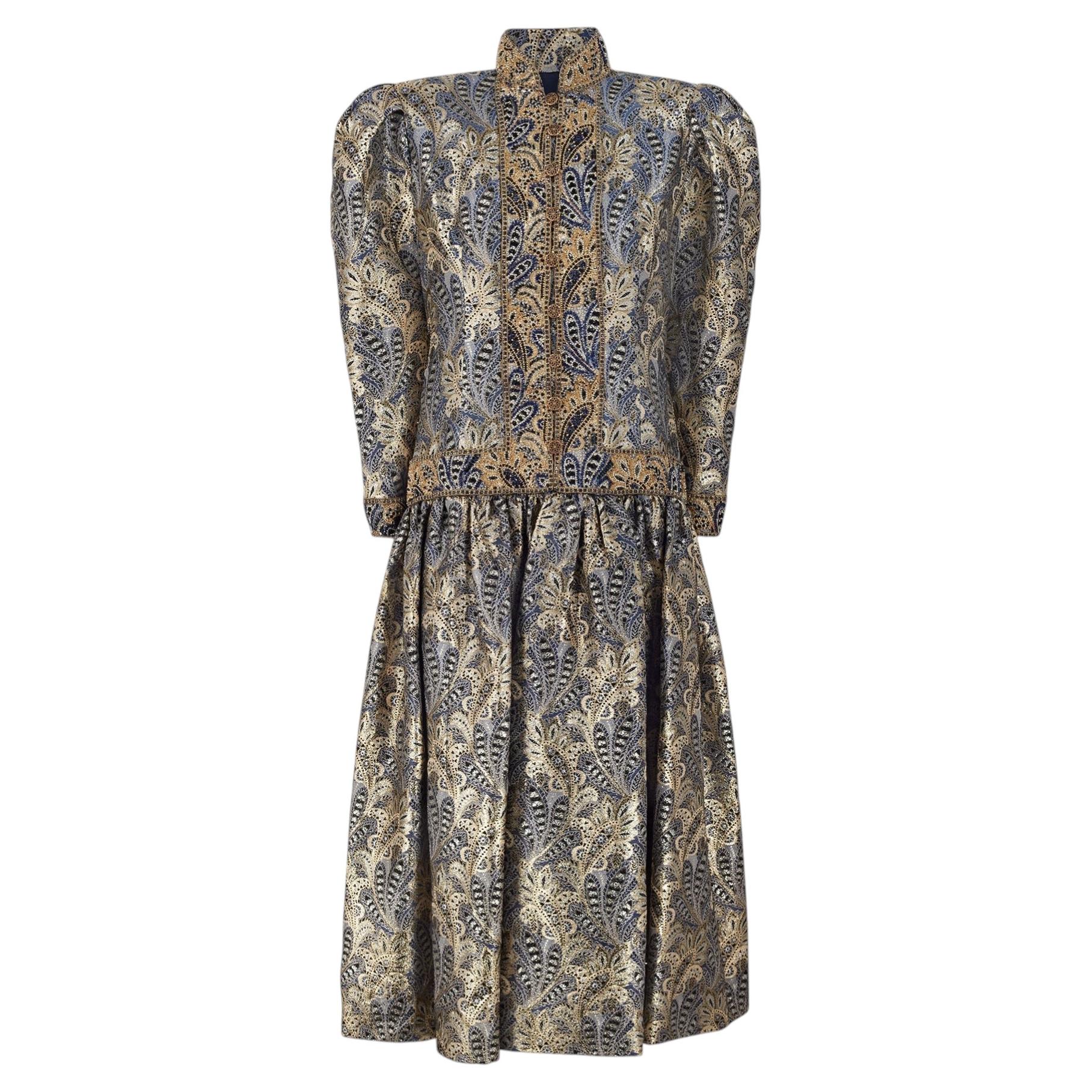 1985 Jean-Louis Scherrer Haute Couture Gold Paisley Dress and Shoes