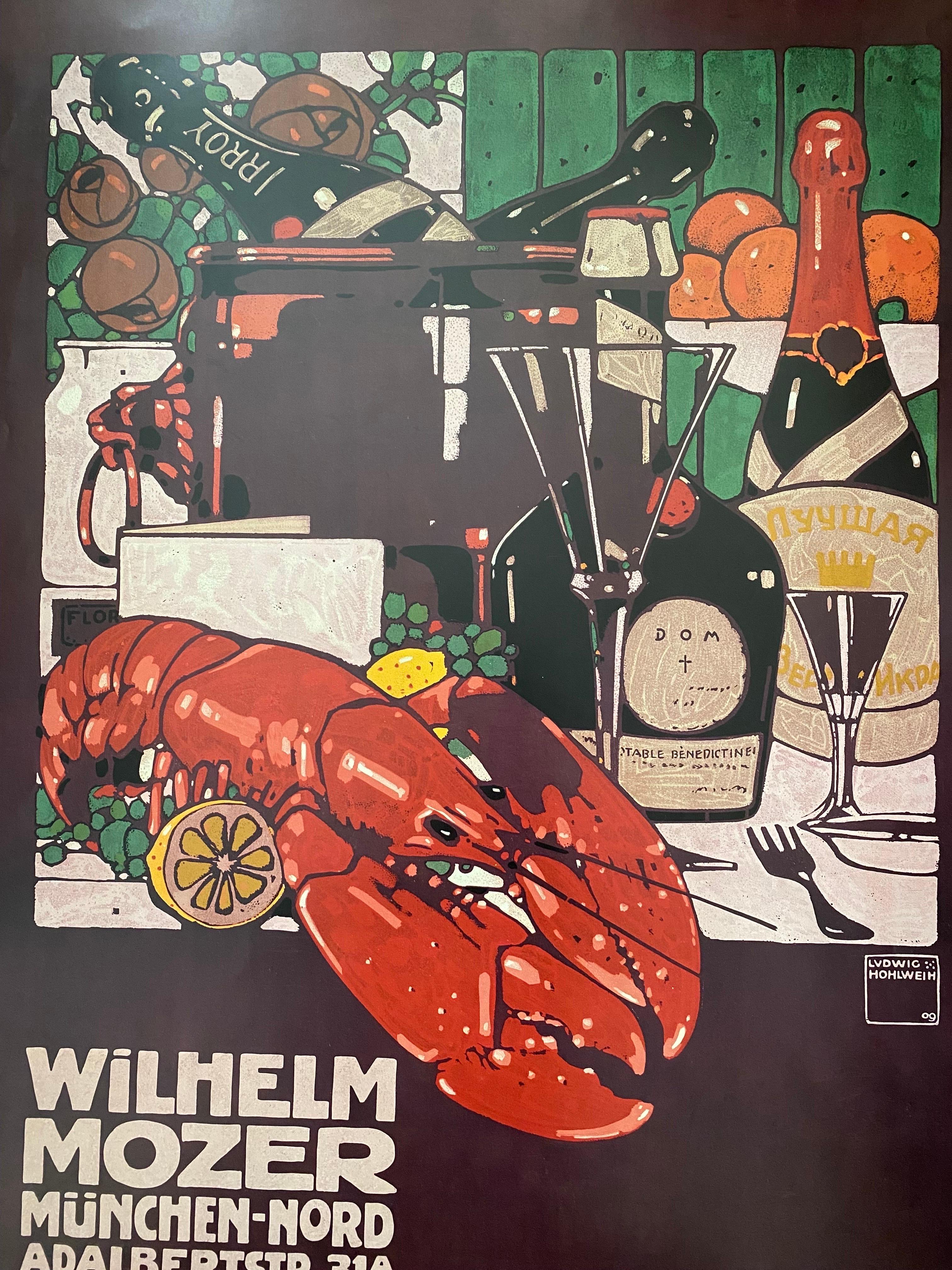 Schöner Druck, entworfen von dem deutschen Künstler Ludwig Hohlwein. Dieses Werbeplakat für das Delikatessengeschäft von Wilhelm Mozer in München wurde ursprünglich 1909 veröffentlicht. Dies ist eine Reproduktion aus dem Jahr 1985 für das Museum Of
