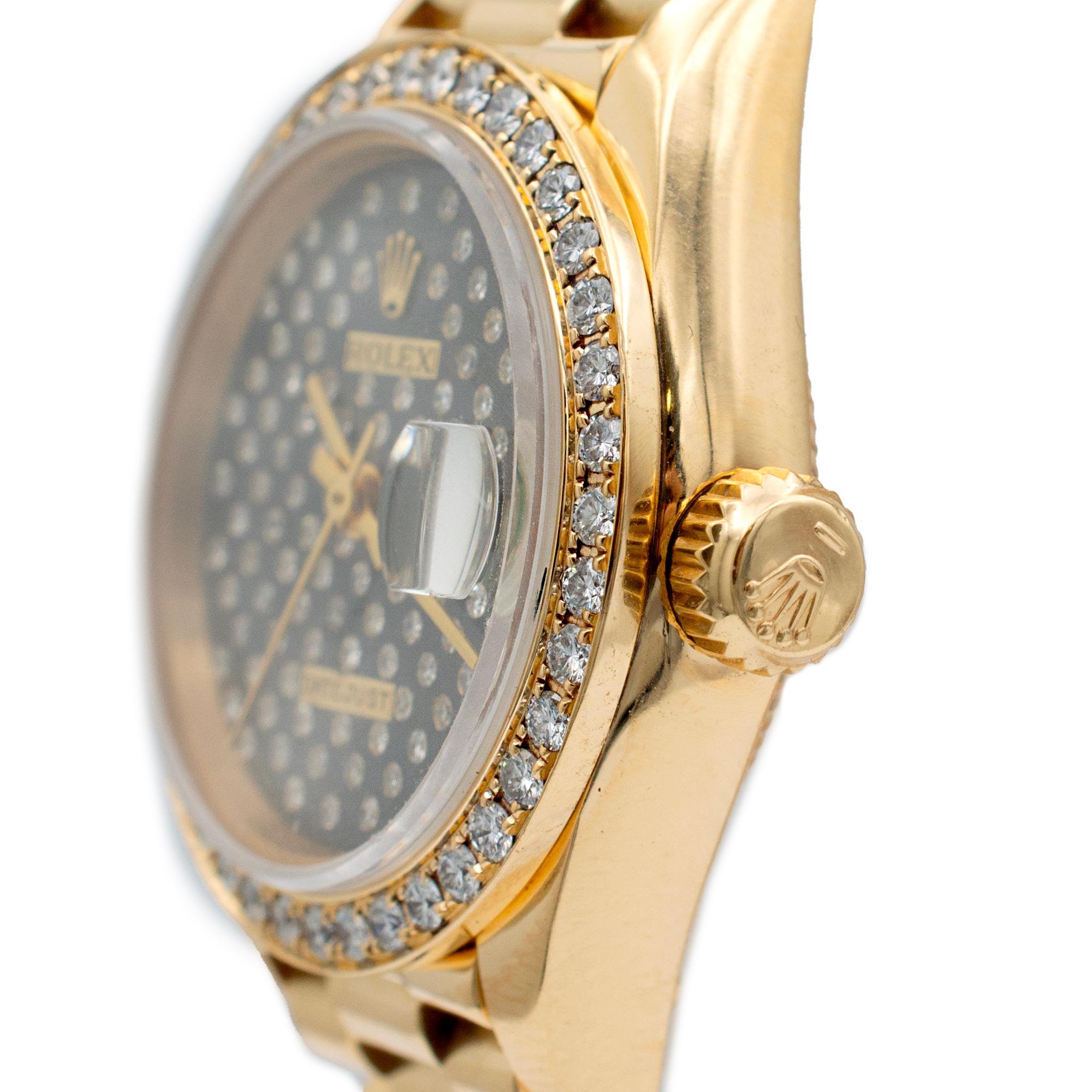 1985 Rolex Datejust 26MM 69138 Präsident Schwarzer Diamant 18K Gelbgold Uhr (Rundschliff)