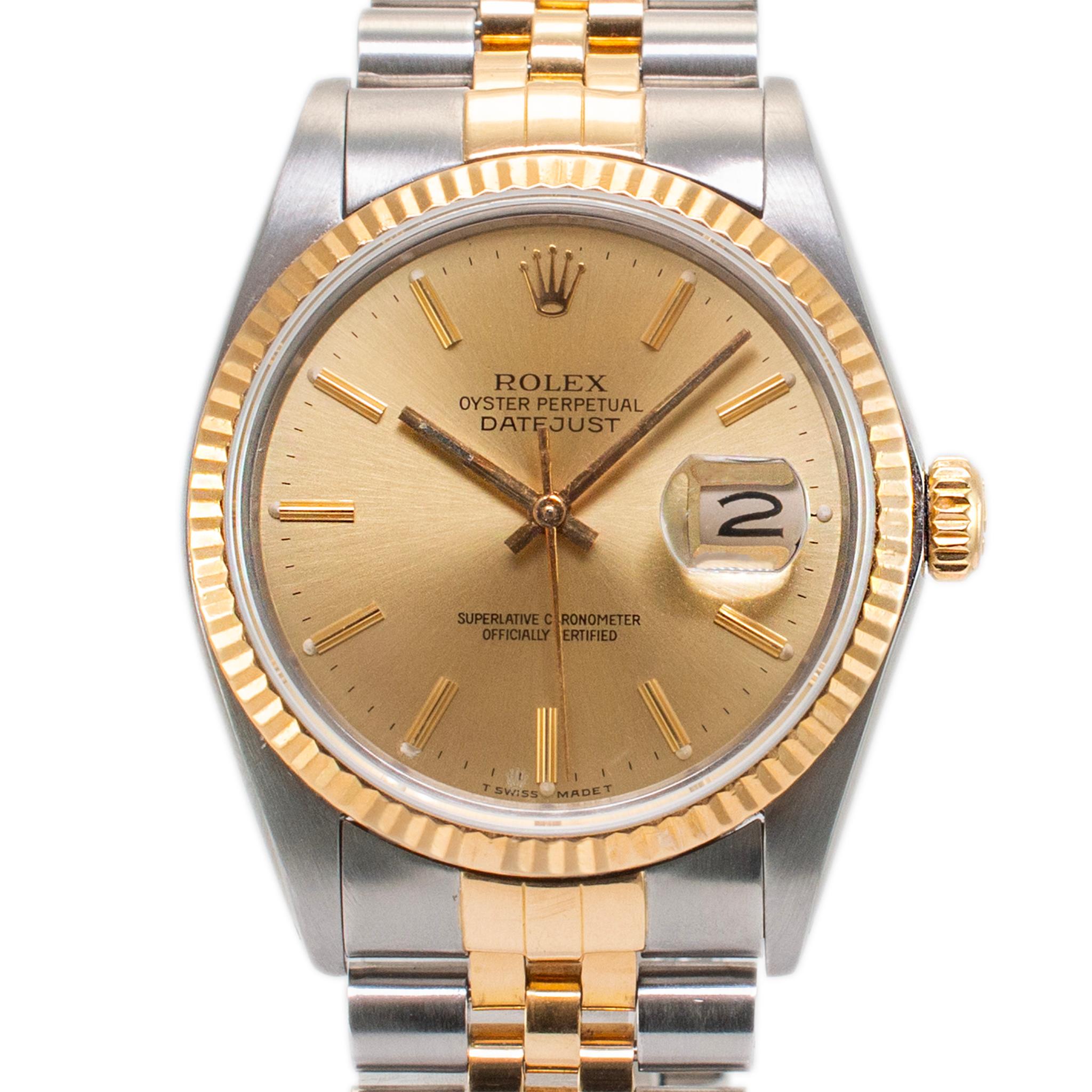 Brand: Rolex

Gender: Unisex

Metal Type: 18K Yellow Gold & Stainless Steel

Diameter: 36.00 mm

Weight: 102.05 Grams

18K Yellow Gold and Stainless Steel ROLEX Swiss-made watch. The metals were tested and determined to be 18K yellow gold and