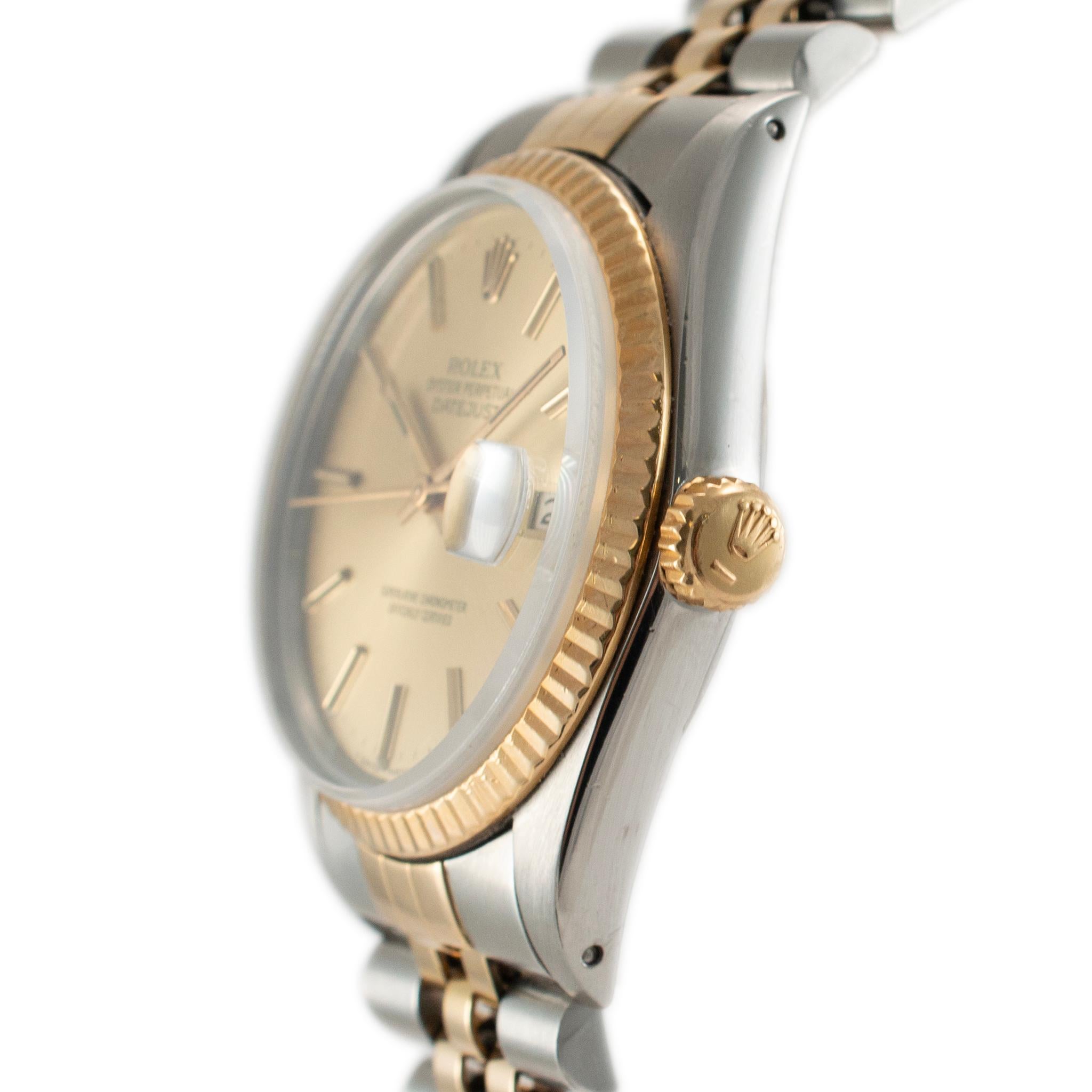 1985 Rolex Datejust 36MM 16013 Champagne Jubilee 18K Yellow Gold & Steel Watch In Excellent Condition In Houston, TX