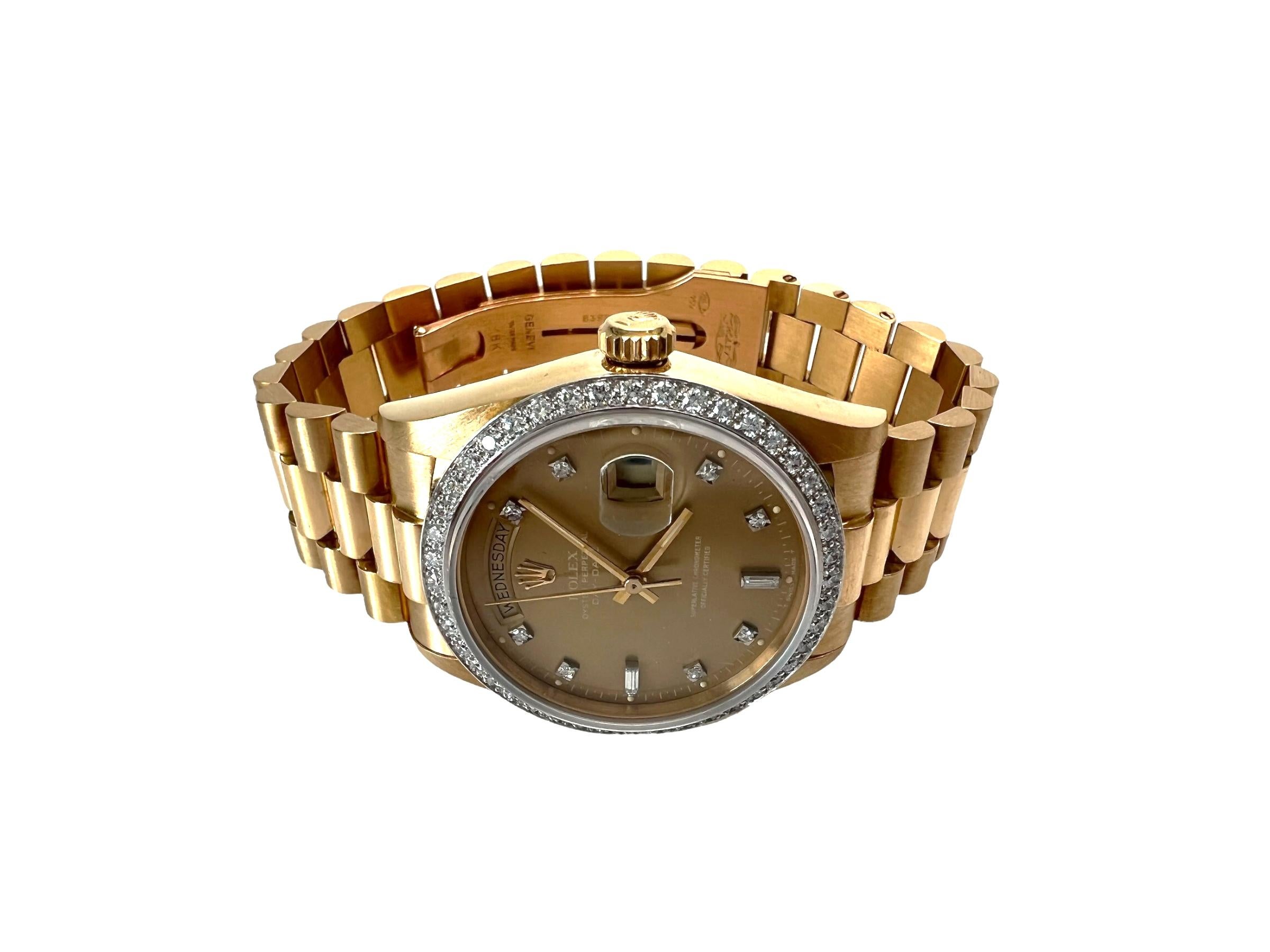 1985 Rolex 18K Yellow Gold President Watch

Model: 18048
Serial: 8824845

This luxury Rolex watch is set in 18K yellow gold. 

Fluted Bezel. Champagne Diamond Dial. Day Dial at 12 and date at the 3

Rolex factory diamond bezel. The bezel was not