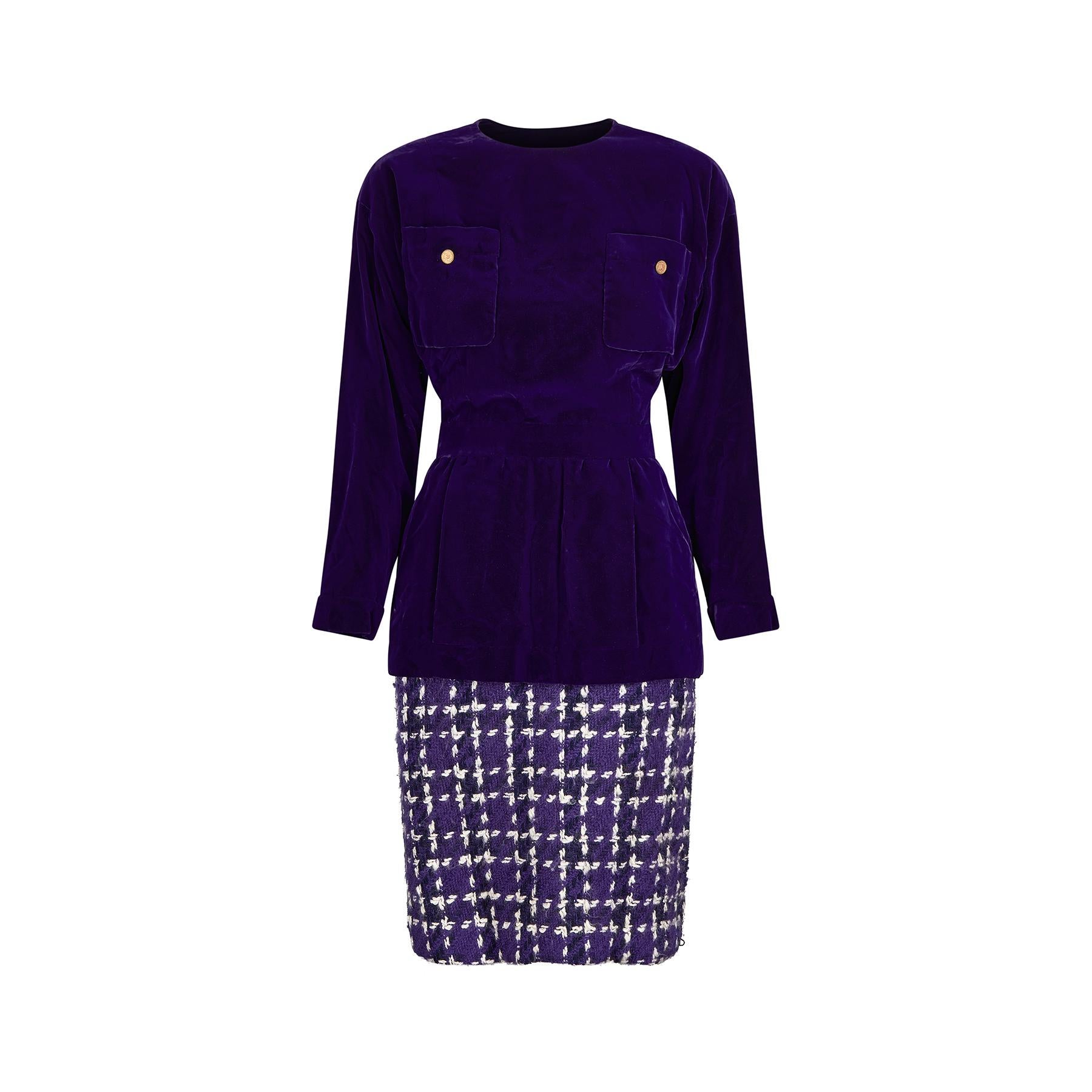 Black 1985 Runway Chanel Haute Couture Purple Tweed Velvet Suit For Sale