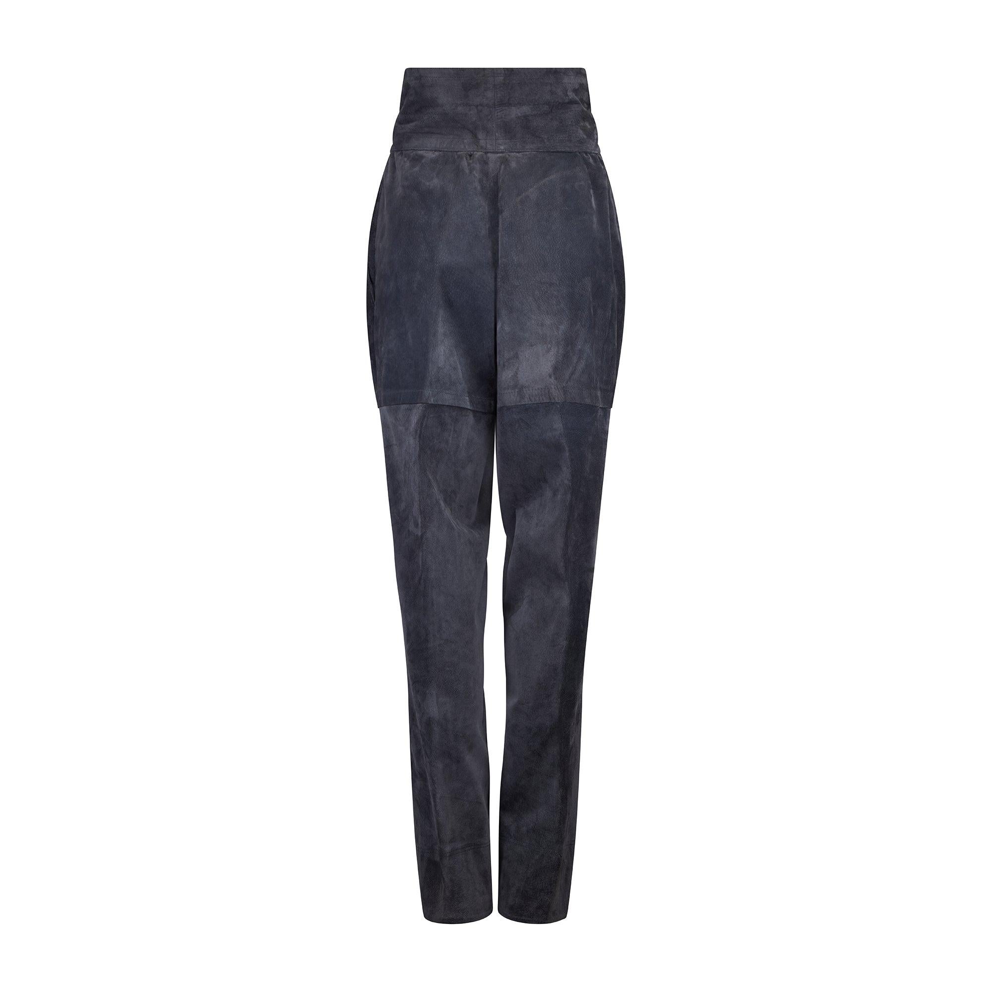 Black 1985 Saint Laurent Runway Documented Grey Leather Trousers For Sale