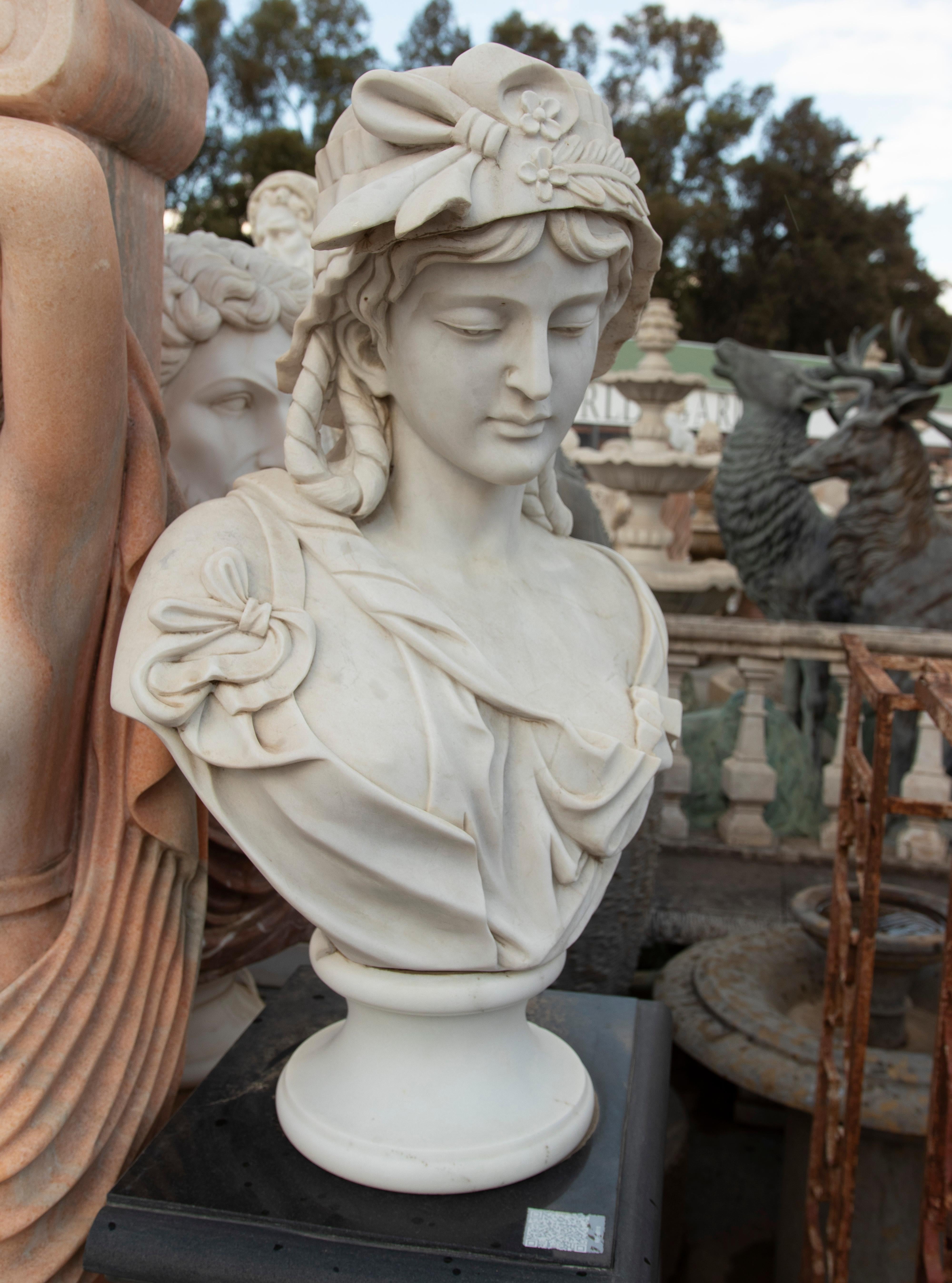 European 1985 Spanish Hand Carved Macael White Marble Art Nouveau Modernist Woman Bust