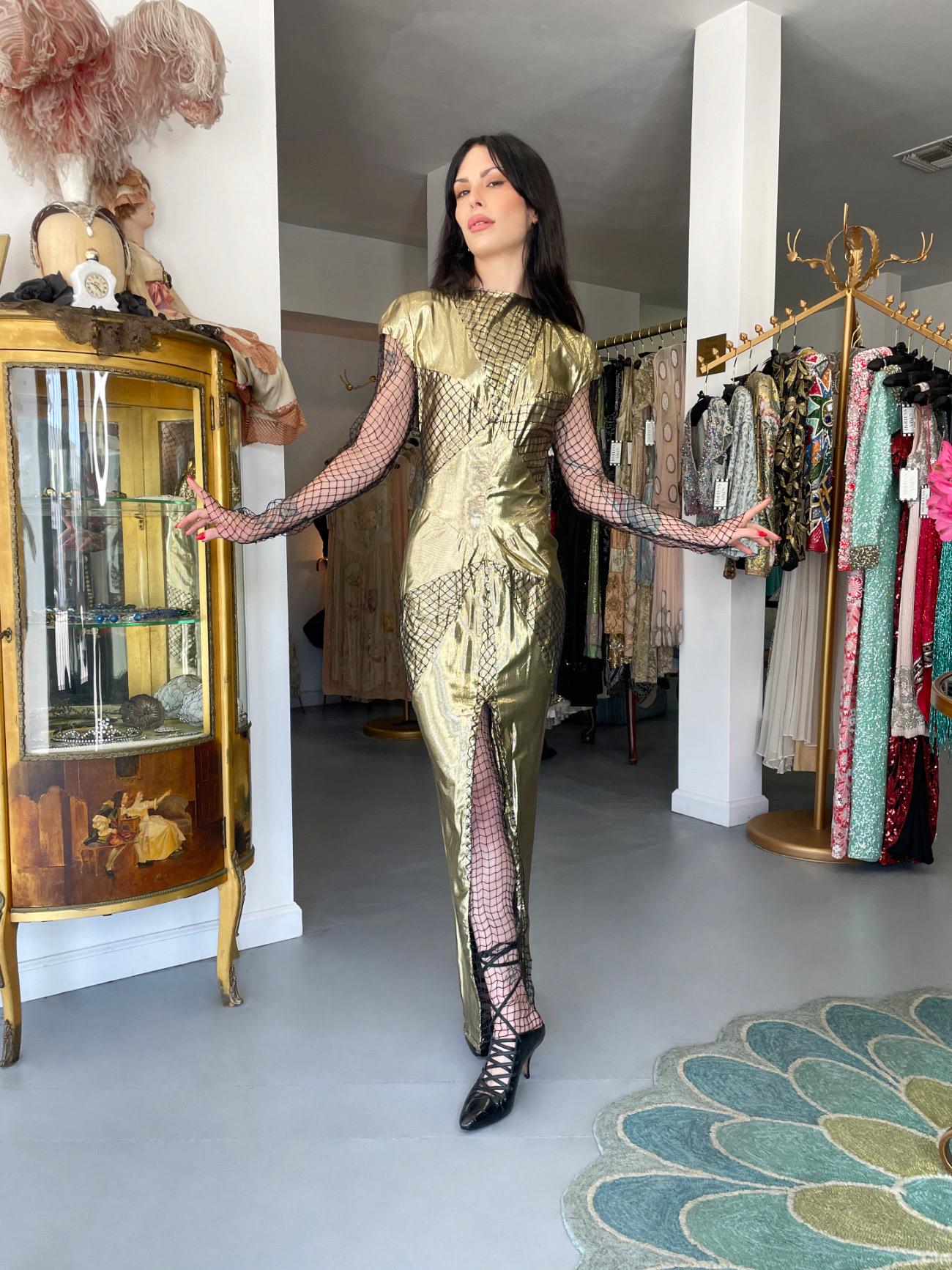 1985 Thierry Mugler Couture Documented Metallic Gold Lamé Fishnet High-Slit Gown For Sale 13
