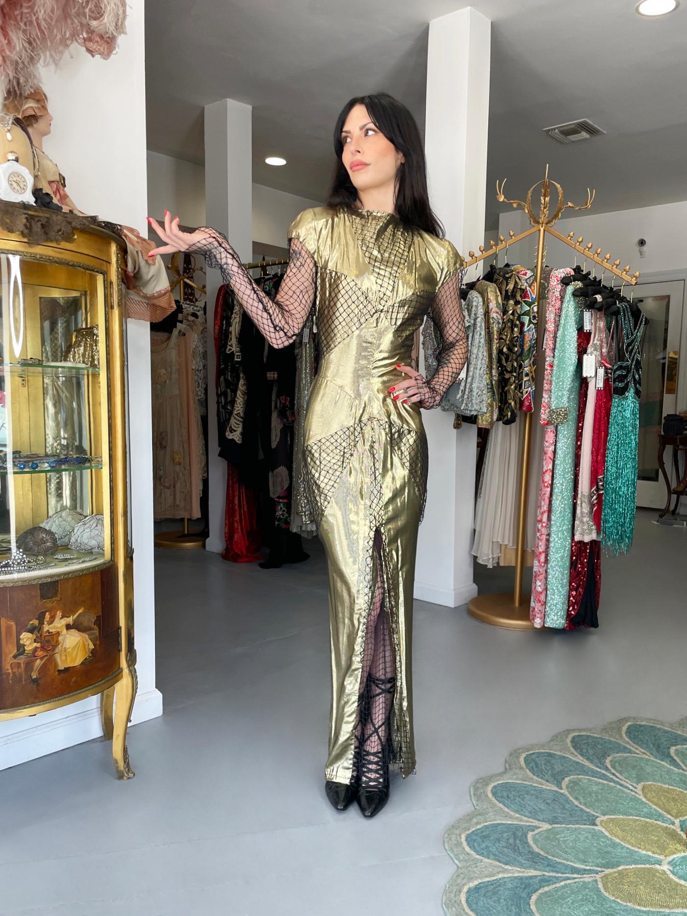 1985 Thierry Mugler Couture Documented Metallic Gold Lamé Fishnet High-Slit Gown In Good Condition For Sale In Beverly Hills, CA
