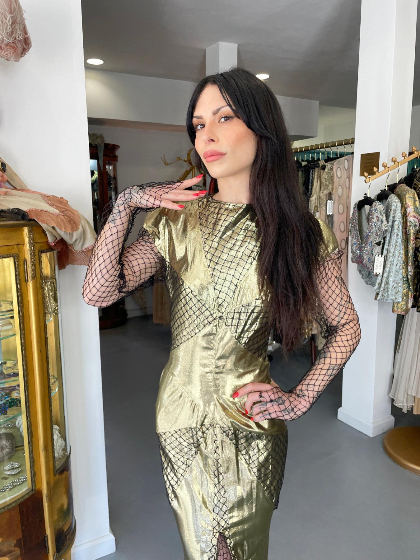 Women's 1985 Thierry Mugler Couture Documented Metallic Gold Lamé Fishnet High-Slit Gown For Sale