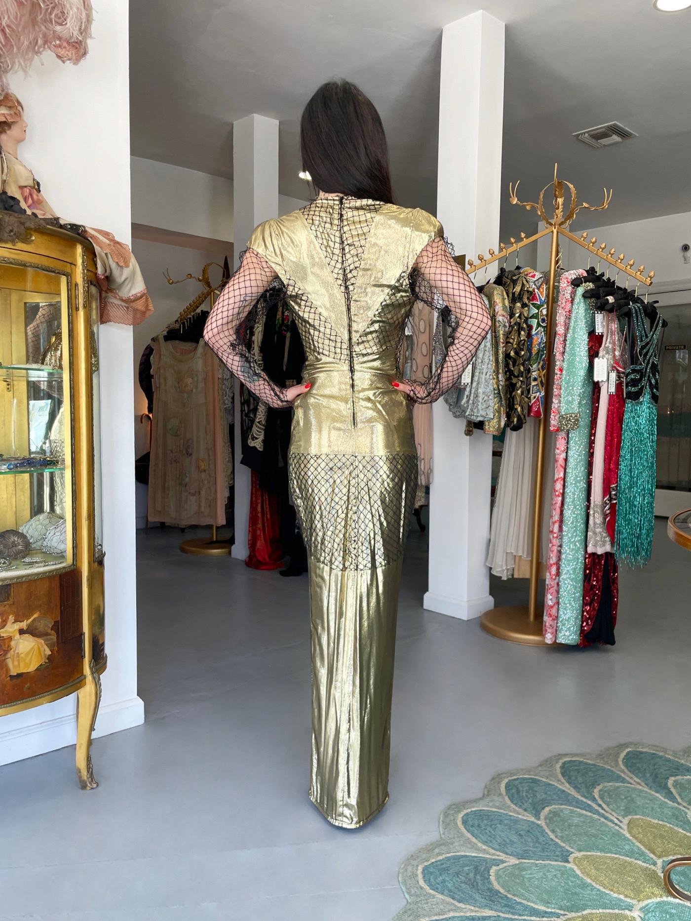 1985 Thierry Mugler Couture Documented Metallic Gold Lamé Fishnet High-Slit Gown For Sale 1