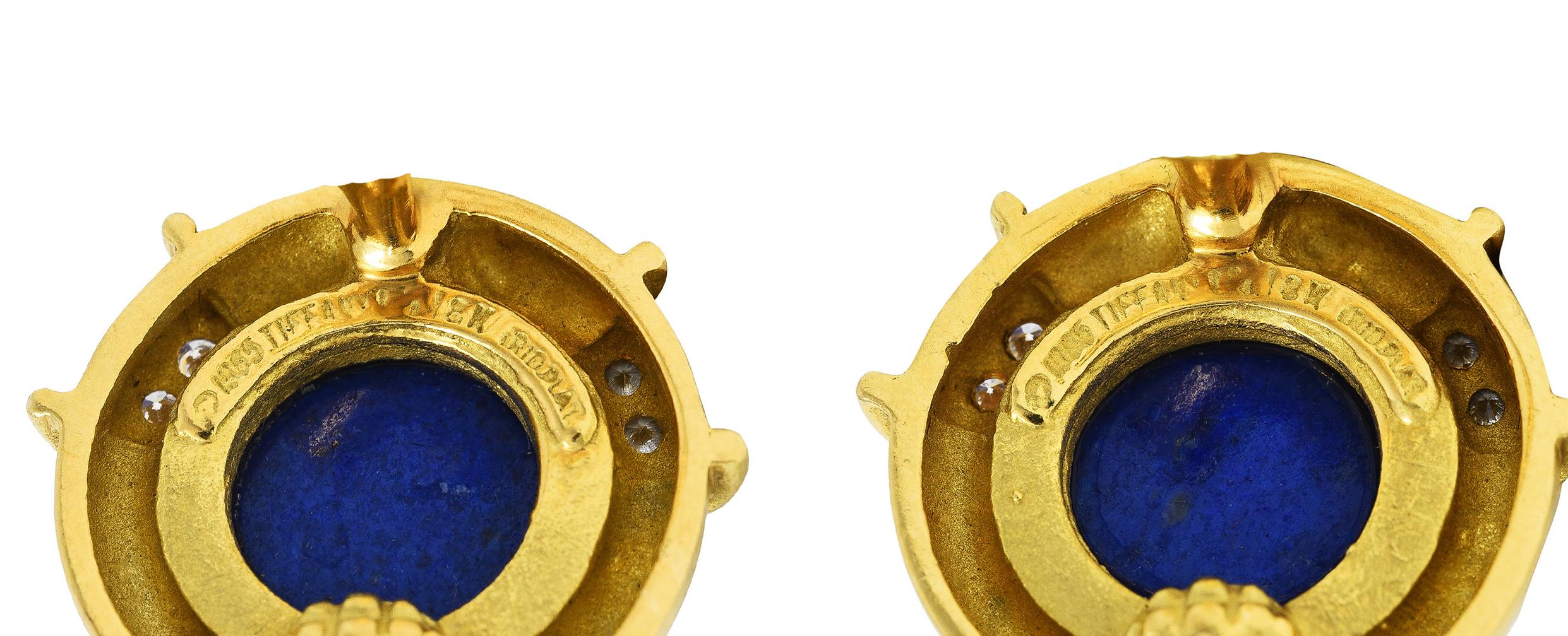Cabochon 1985 Tiffany & Co. Diamond Lapis Lazuli 18 Karat Yellow Gold Ear-Clip Earrings