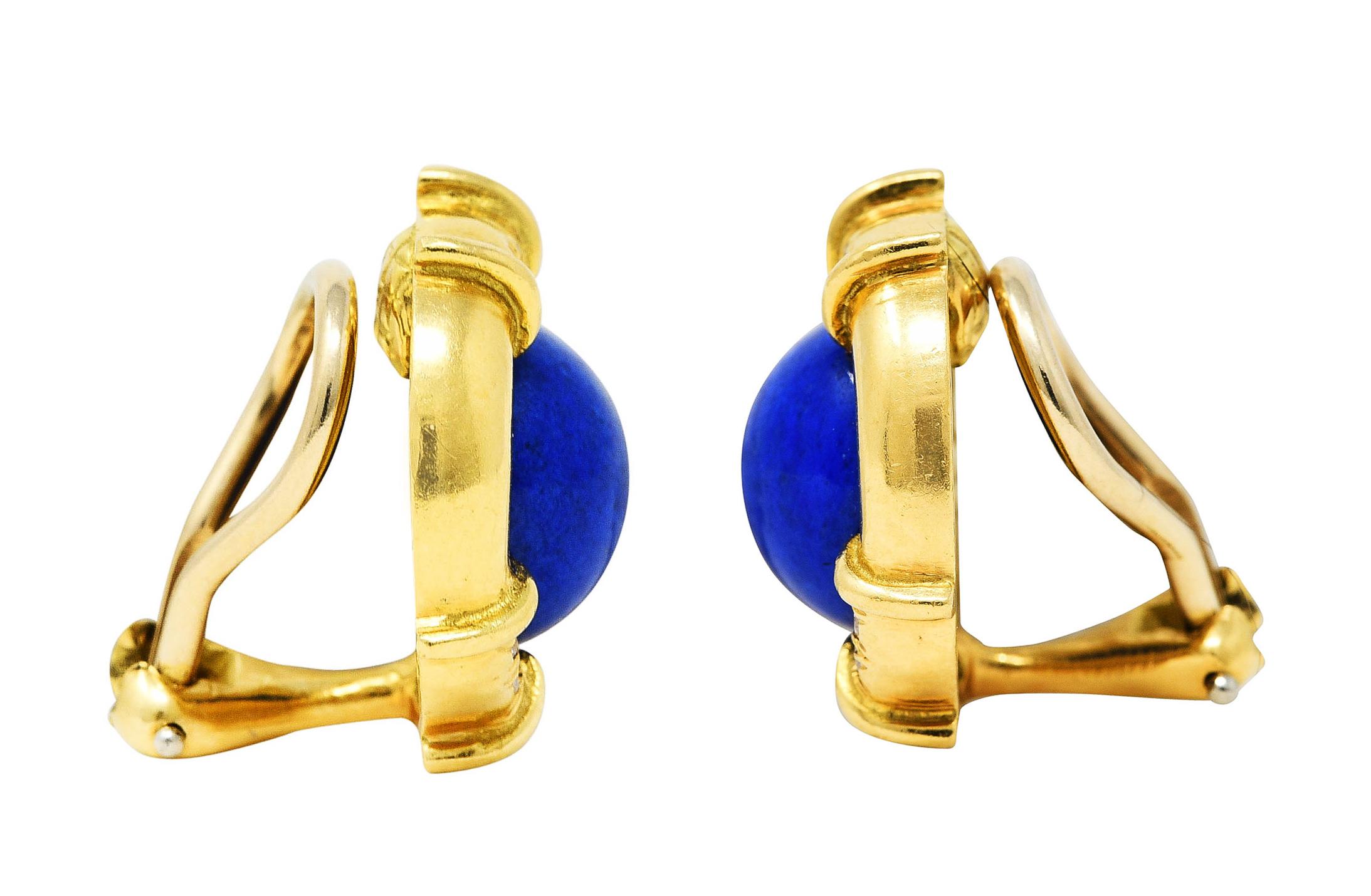 1985 Tiffany & Co. Diamond Lapis Lazuli 18 Karat Yellow Gold Ear-Clip Earrings In Excellent Condition In Philadelphia, PA