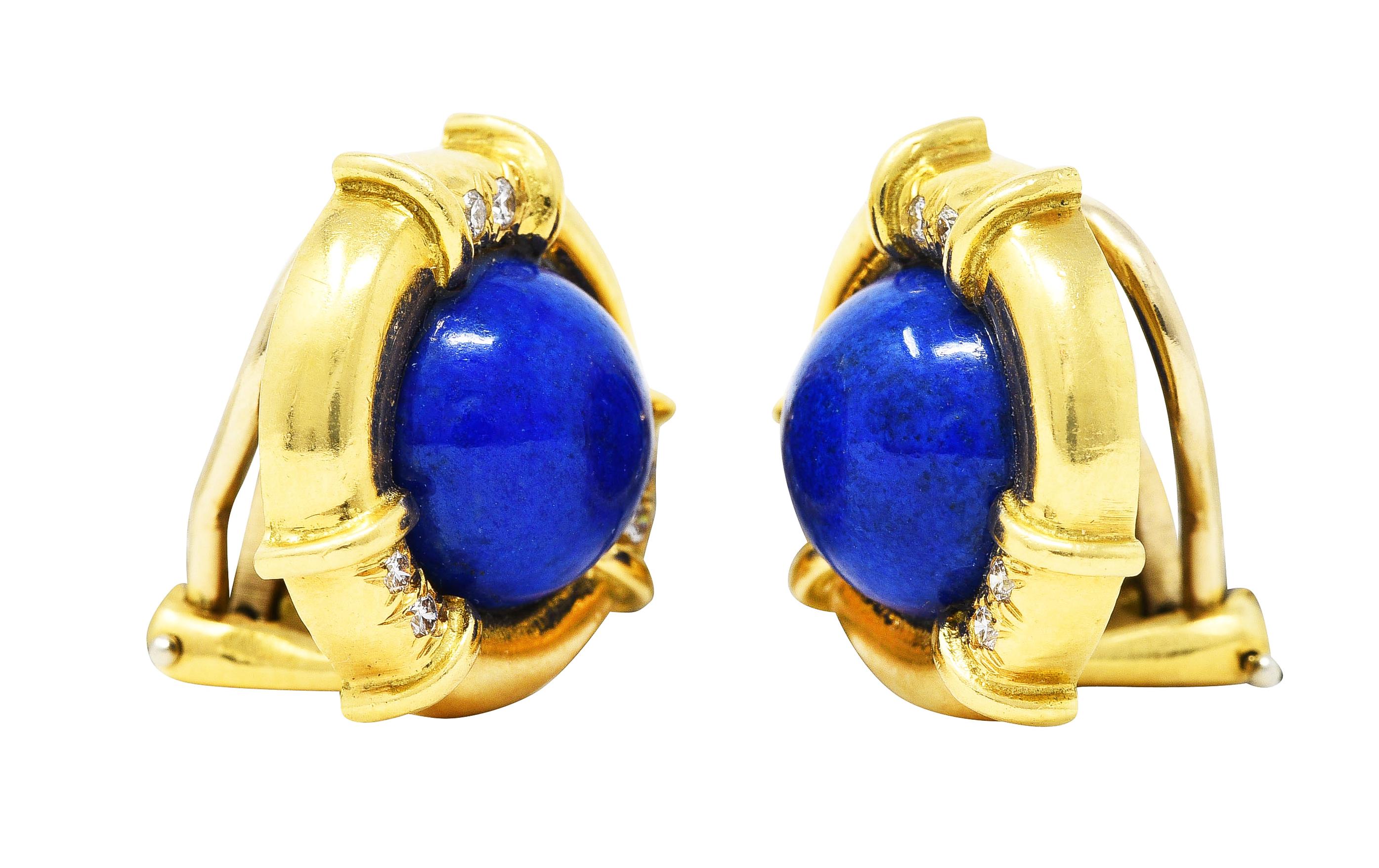 Women's or Men's 1985 Tiffany & Co. Diamond Lapis Lazuli 18 Karat Yellow Gold Ear-Clip Earrings