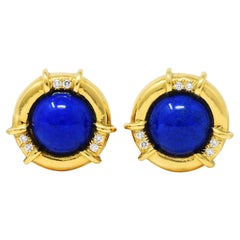 1985 Tiffany & Co. Diamond Lapis Lazuli 18 Karat Yellow Gold Ear-Clip Earrings