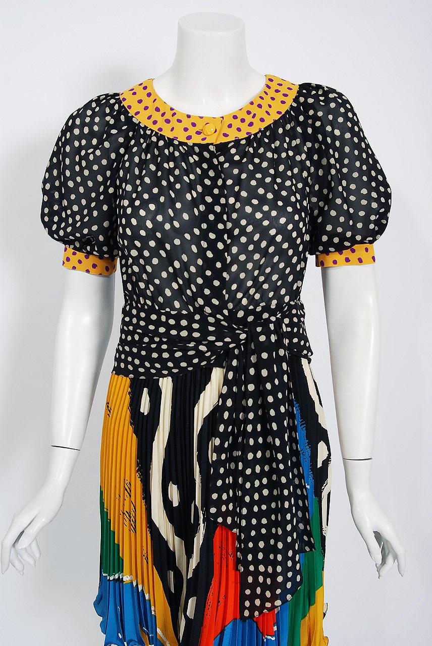 The French designer, Emanuel Ungaro, imagined colorful and elegant draped garments with an emphasis on flamboyant patterns that enhanced a sense of pure femininity. He dared to mix clashing prints that created a strong visual impact. This ultra rare
