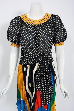 1990s Emanuel Ungaro Paris Colorful Silk Puff-Sleeve Blouse & Pleated Mini Skirt