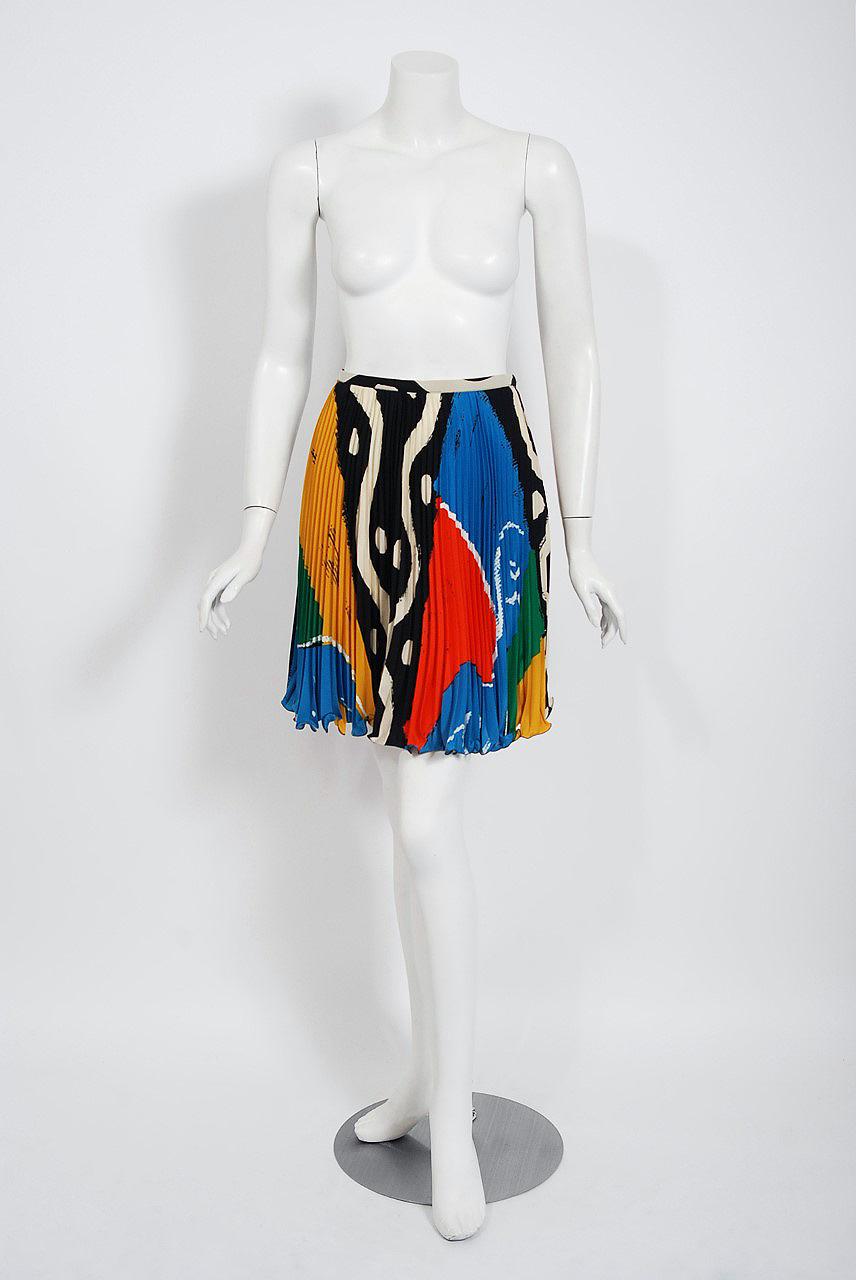 Black Vintage 1990's Emanuel Ungaro Paris Colorful Silk Puff-Sleeve Pleated Mini Dress For Sale