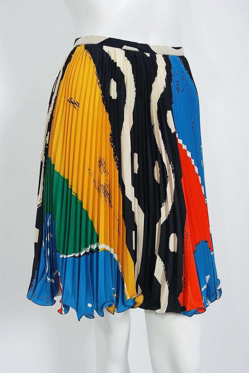 Vintage 1990's Emanuel Ungaro Paris Colorful Silk Puff-Sleeve Pleated Mini Dress In Good Condition For Sale In Beverly Hills, CA