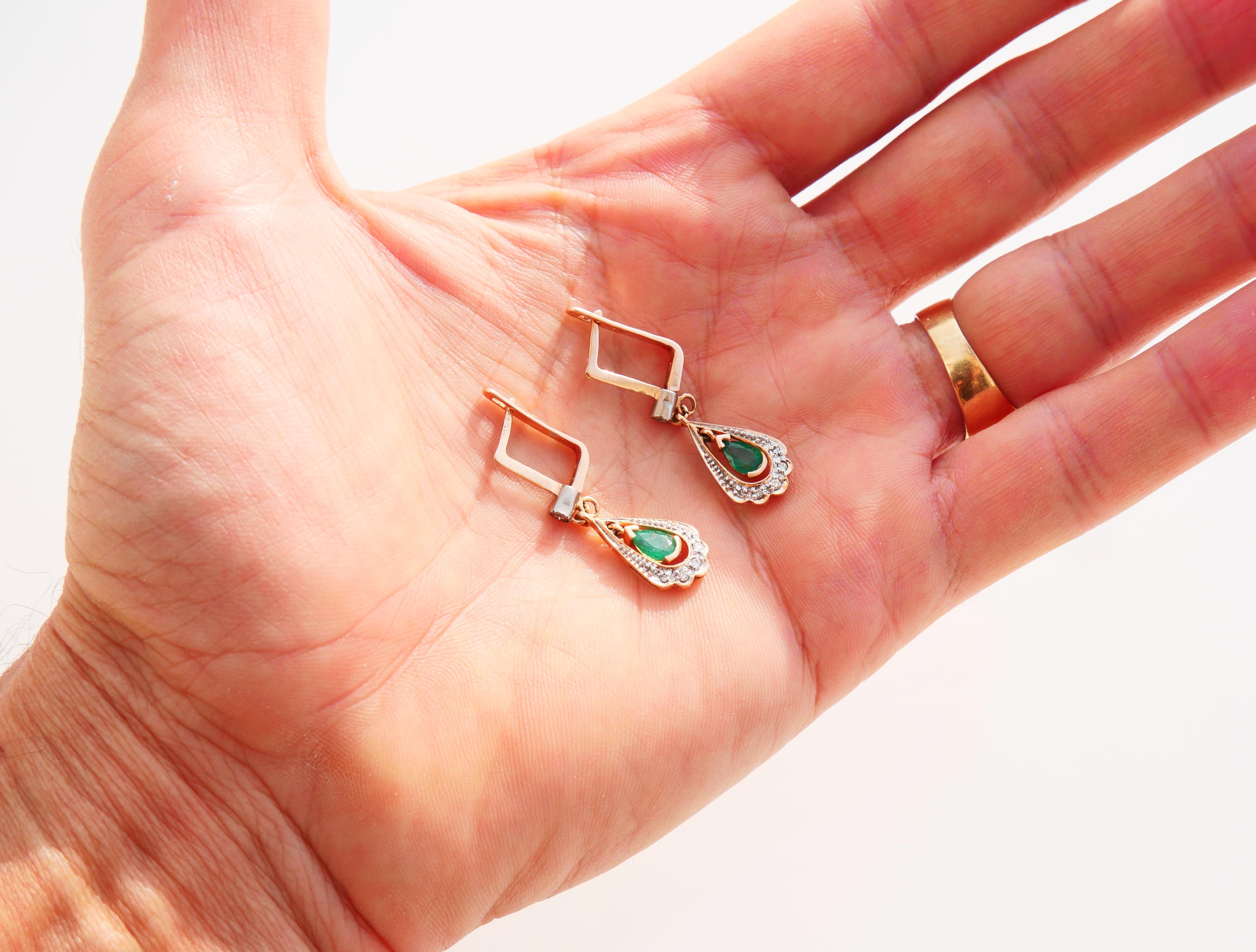 1985 UdSSR Georgische Ohrringe natürliche 1ctw Smaragde Diamanten massiv 14K Gold/ 4.5gr im Angebot 5