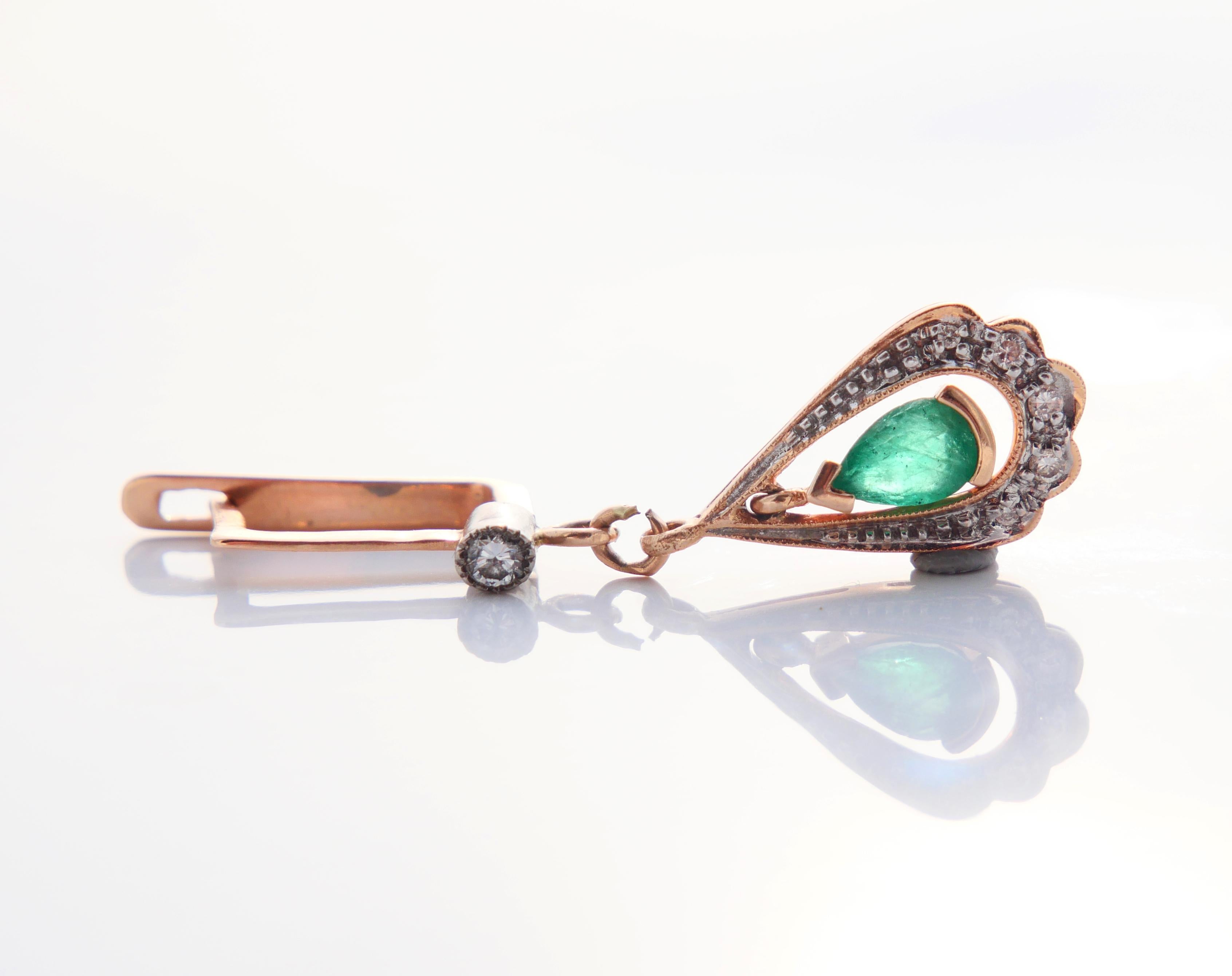 1985 UdSSR Georgische Ohrringe natürliche 1ctw Smaragde Diamanten massiv 14K Gold/ 4.5gr im Angebot 2