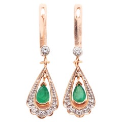 1985 USSR Orecchini georgiani naturali 1ctw smeraldi diamanti oro massiccio 14K/ 4.5gr