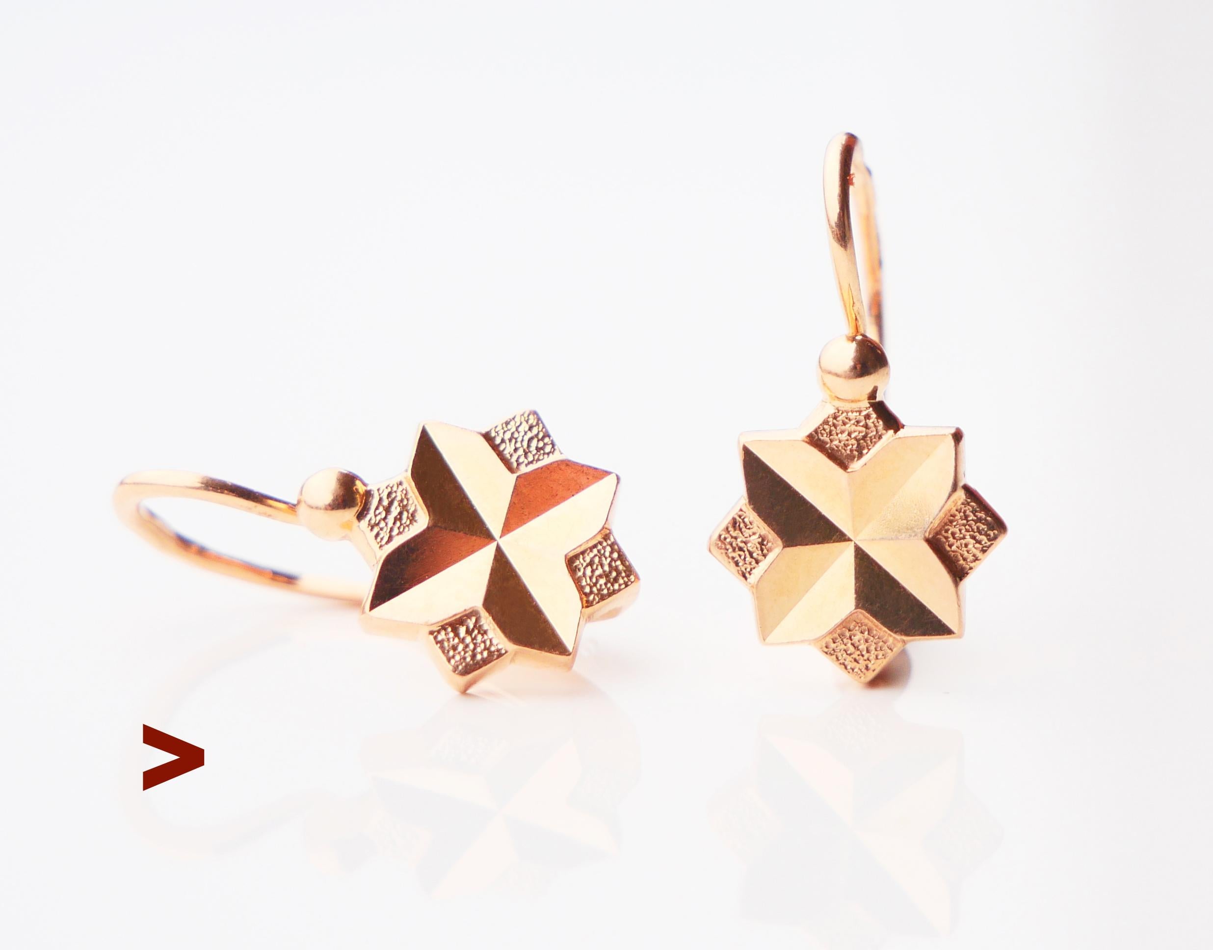 A pair of Soviet Russian Dangle ❋ Earrings with folding hooks in solid 14K Rose Gold.

 In accordance with period Soviet standard hallmarks this pair is made in 1985 of 583 (14K) Rose Gold in USSR at the Jewelry and Watch factory of Leningrad city,