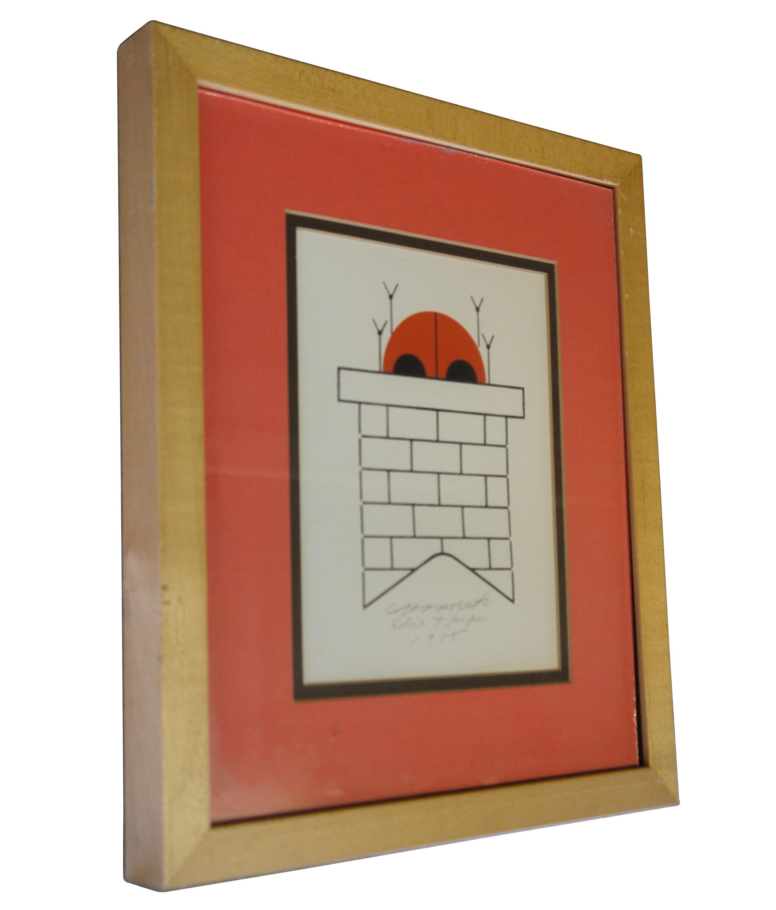 An offset lithograph hand signed by Charley & Edie Harper. Features a lady bug going down into a chimney Framed and matted. 

Dimension
11