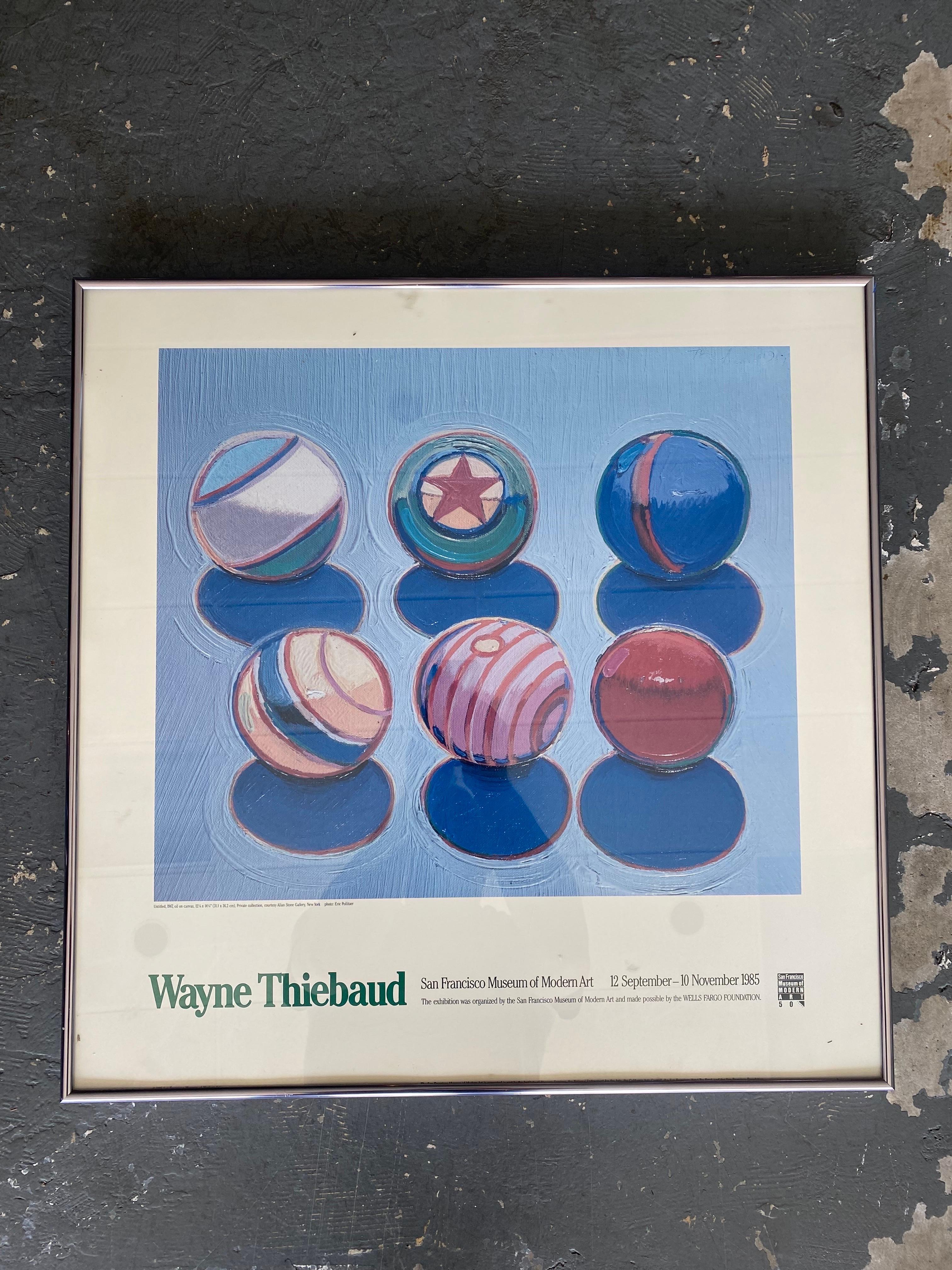Gorgeous print after famed California artist Wayne Thiebaud to announce a 1985 exhibit at the San Francisco Museum of Modern Art or SFMOMA.

This Print is in very good condition, frame has a few signs of age appropriate wear. See pictures for