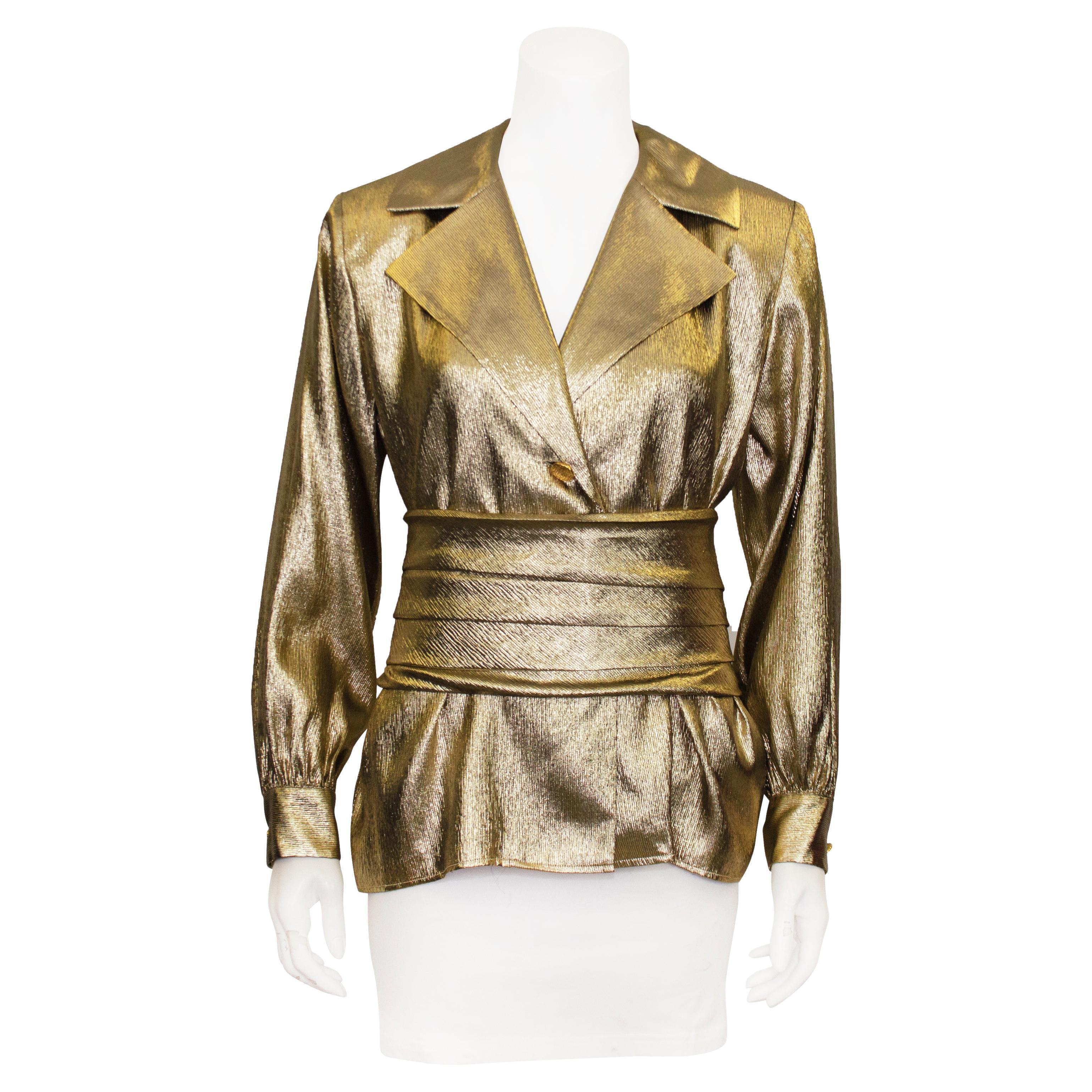 1985 Yves Saint Laurent Rive Gauche Gold Lame Shirt & Cummerbund For Sale