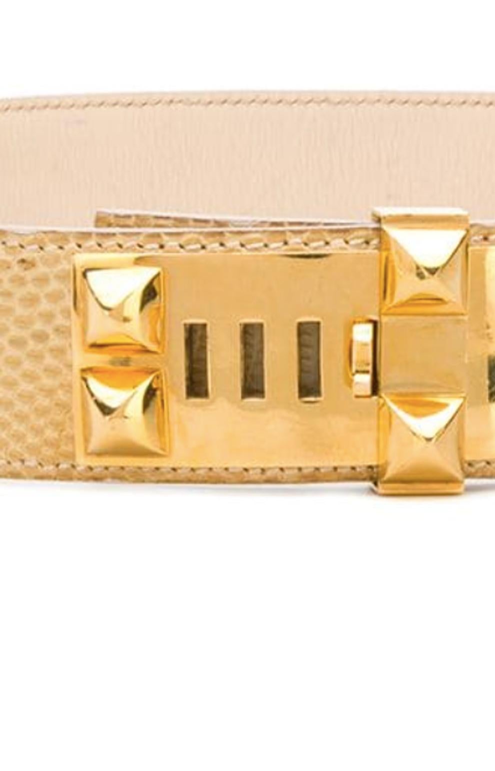 1985s Gorgeous yellow leather Hermès and gold-plated stud detail belt  featuring gold-plated hardware and an internal logo stamp.
Width: 1,5in. (4cm)
Maxi Length: 31.1in. (79cm)
In good vintage condition. Made in France.
Estimated size:70 
We