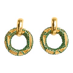 1985s Lanvin Clip on Earrings Golden metal Green Rhinestones