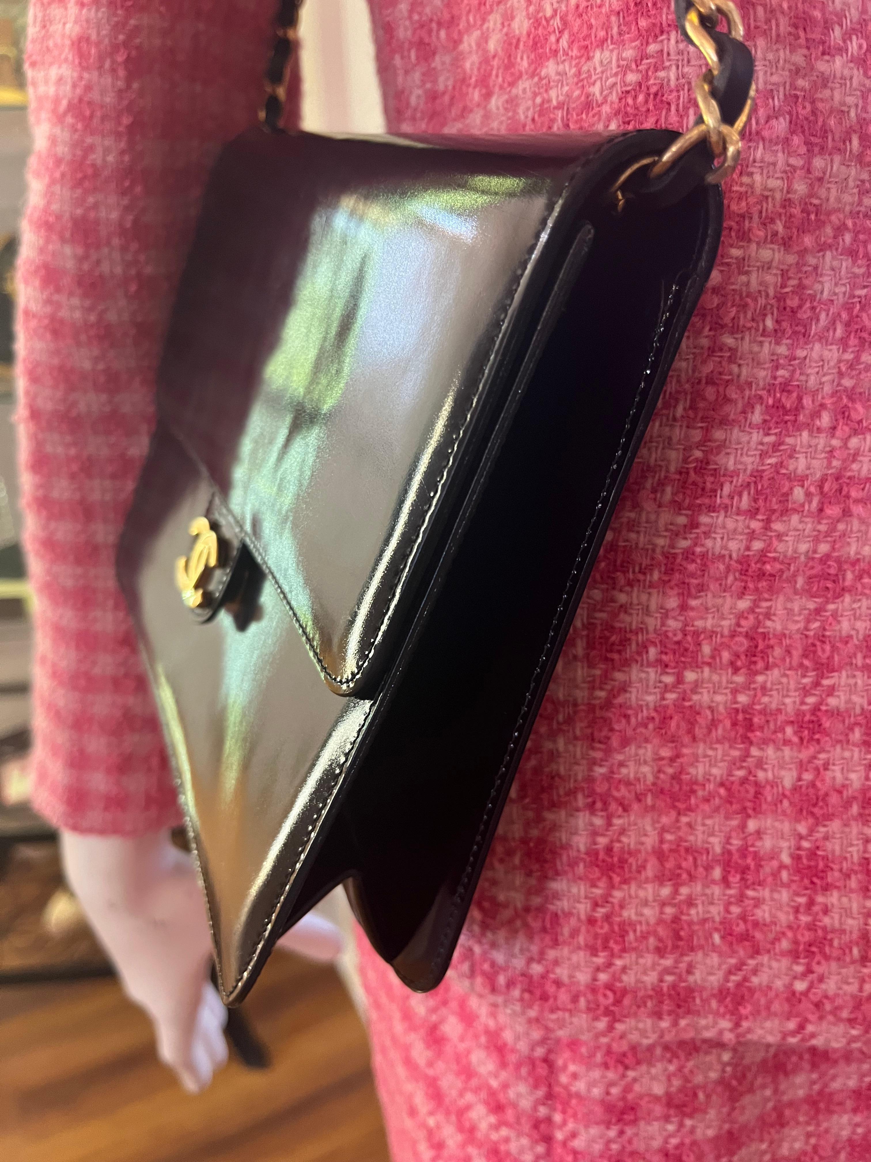 Women's 1986-88 Chanel Black Patent Leather Handbag w/Entrupy COA and Card For Sale