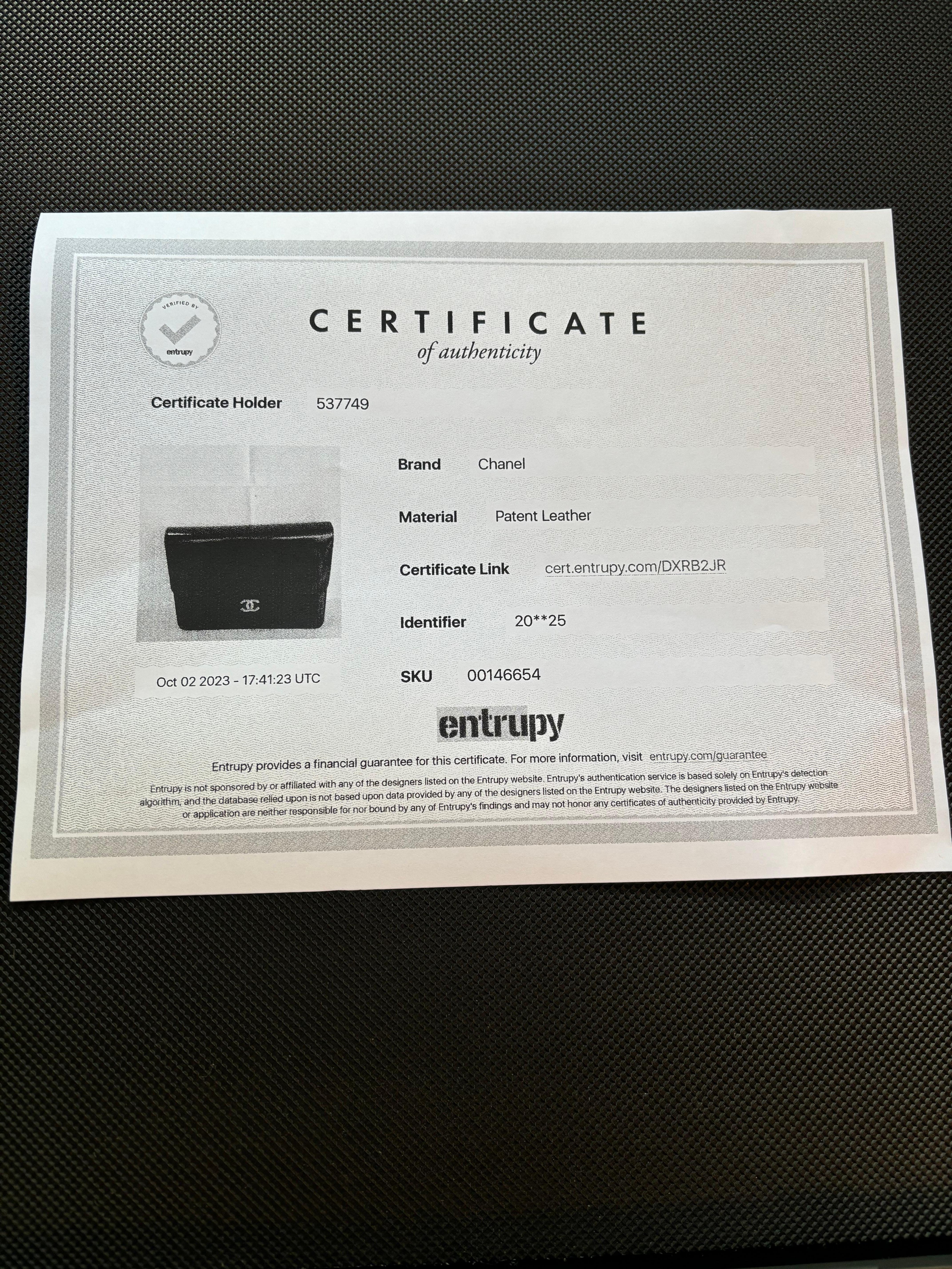 1986-88 Chanel Black Patent Leather Handbag w/Entrupy COA and Card For Sale 7