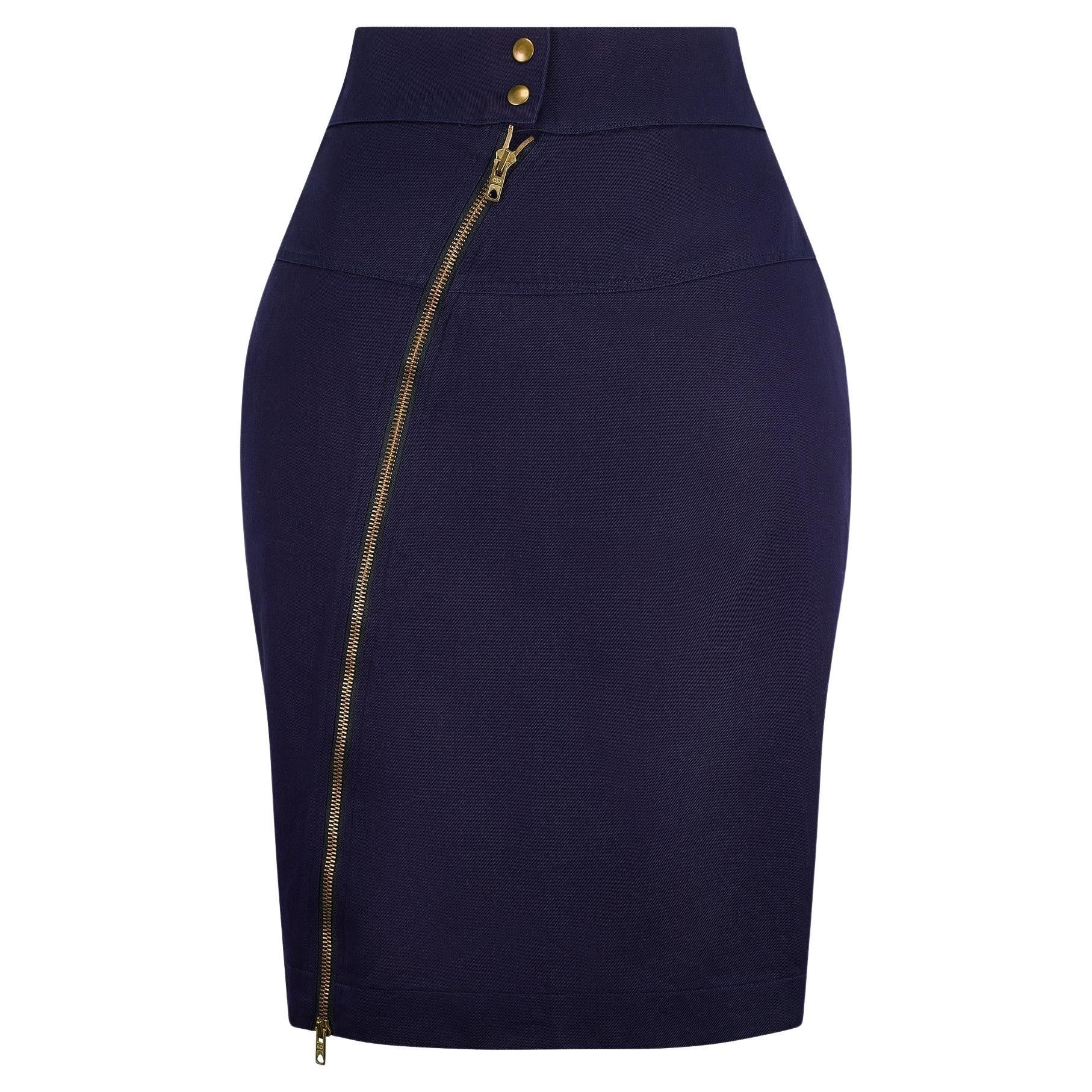 1986 Alaïa Documented Indigo Cotton Pencil Skirt with Zip For Sale