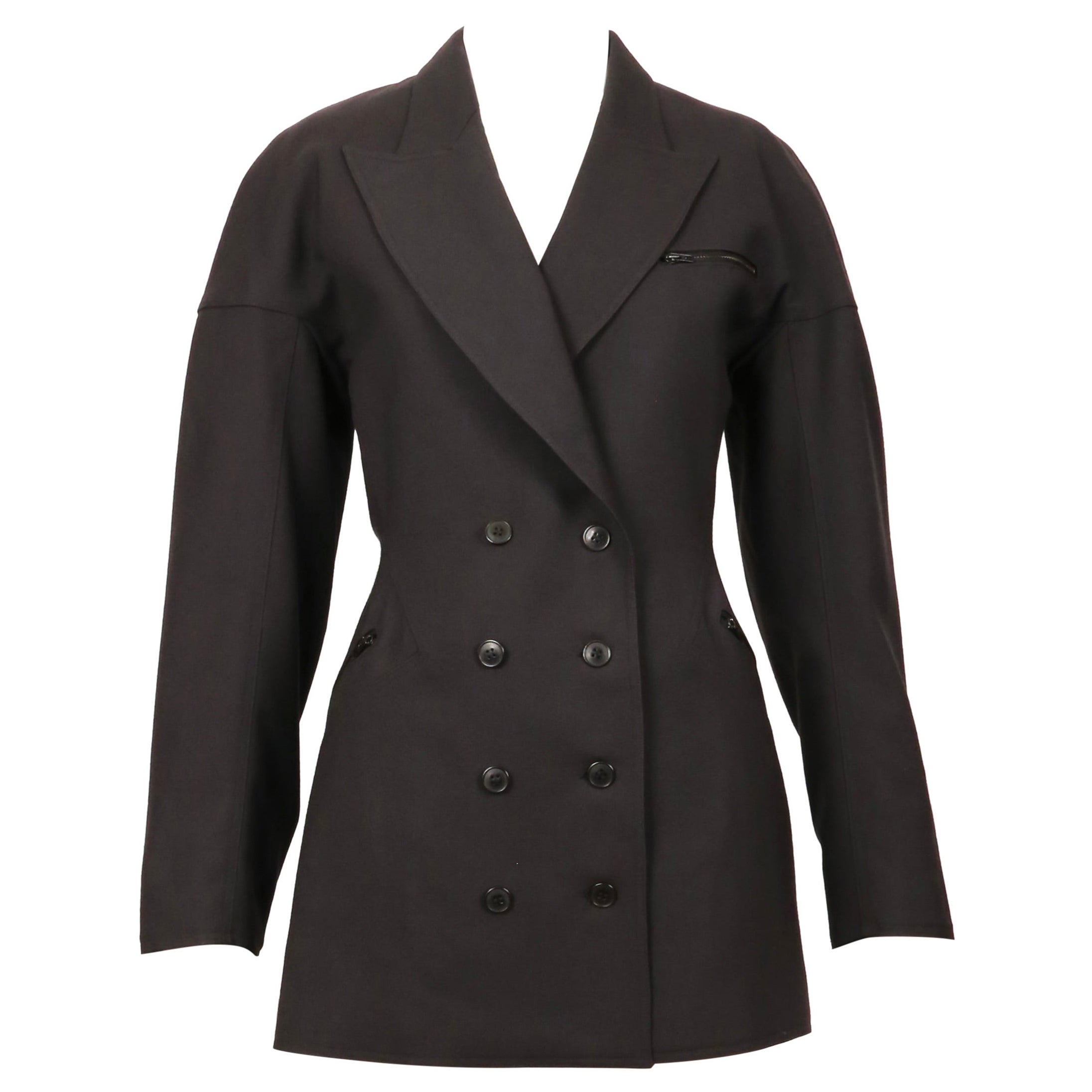 1986 AZZEDINE ALAIA charcoal wool gabardine RUNWAY coat with seamed back