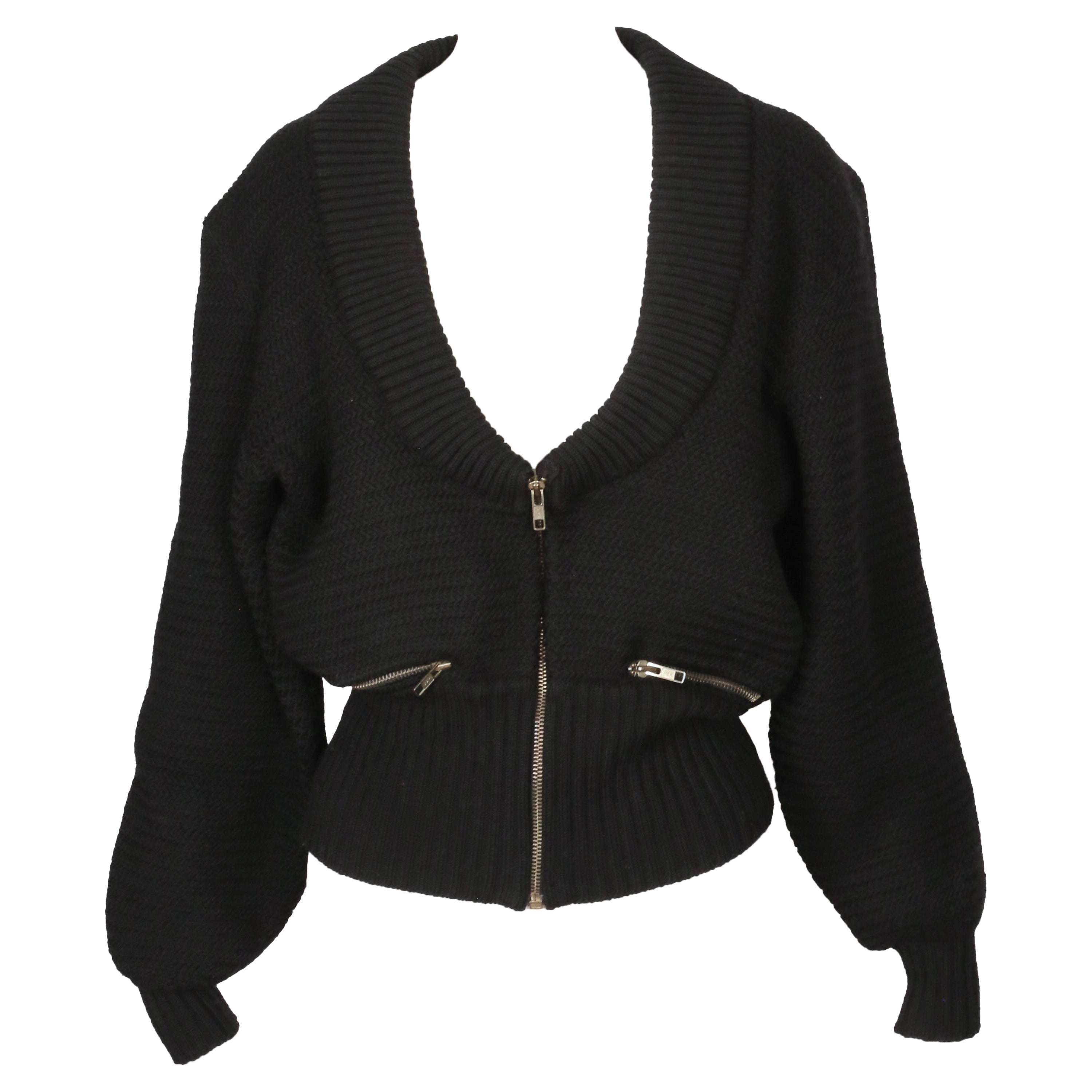 1986 AZZEDINE ALAIA punto grueso negro RUNWAY chaqueta jersey abrigo con cremalleras