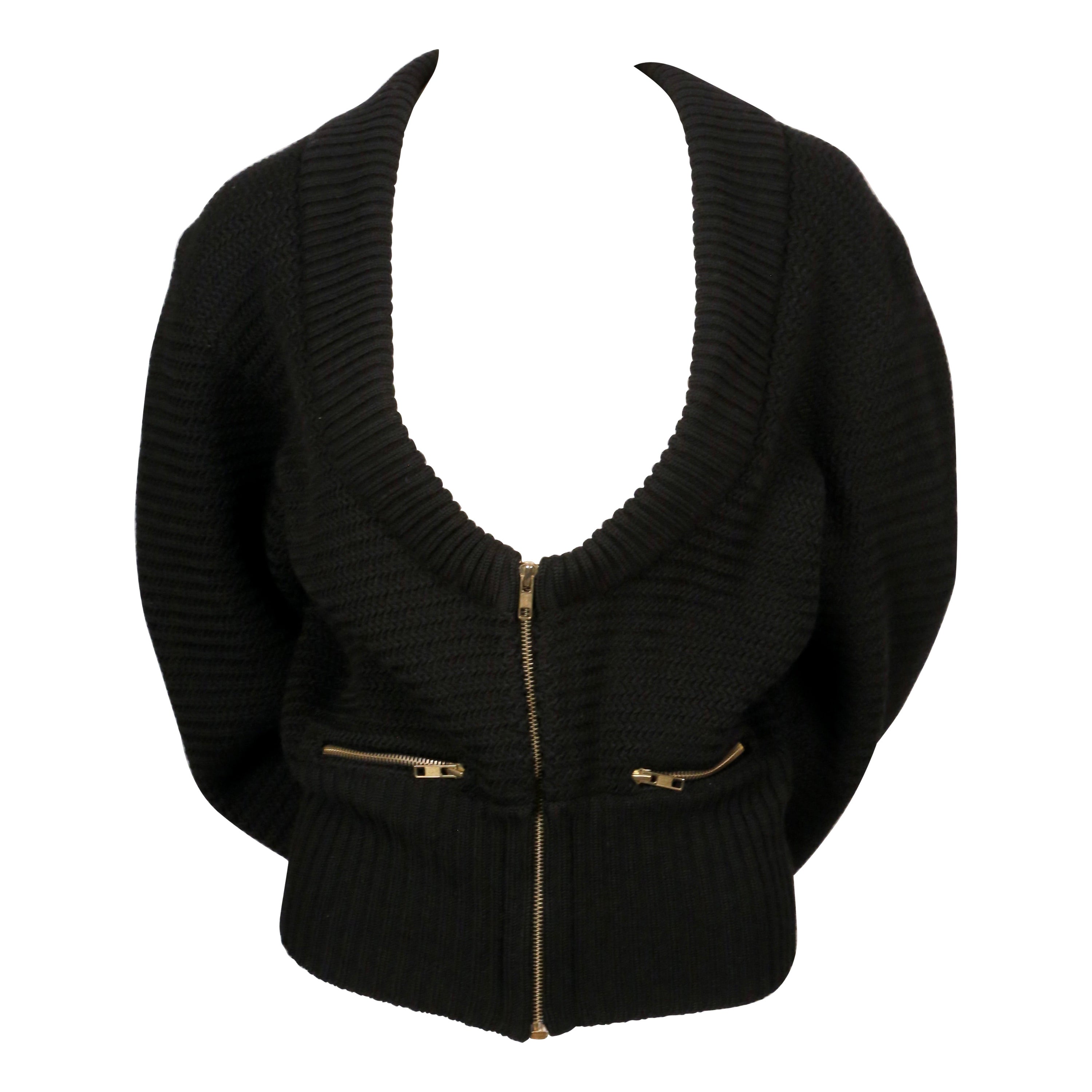 1986 AZZEDINE ALAIA heavy knit black RUNWAY cardigan sweater coat with zippers For Sale