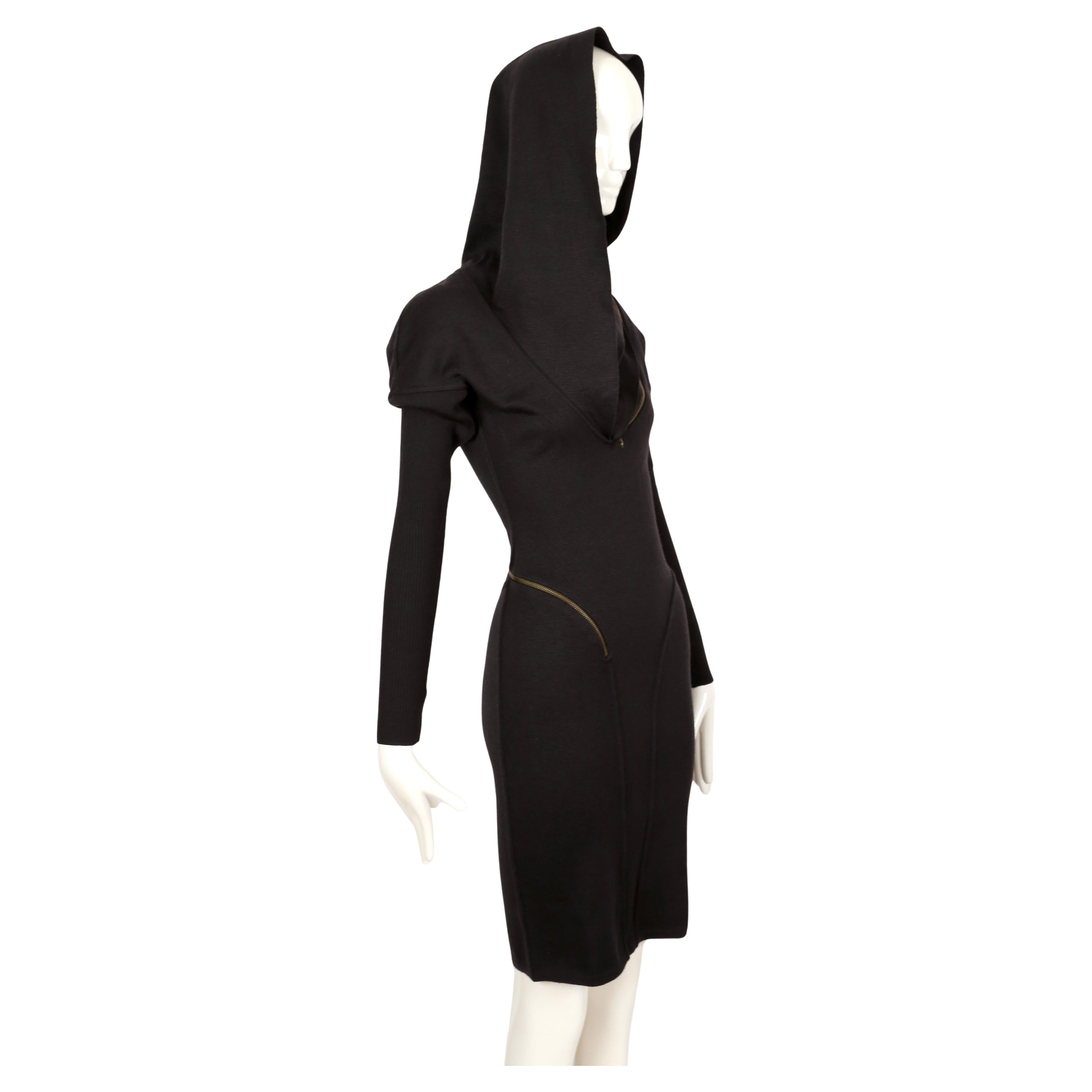 Black 1986 AZZEDINE ALAIA iconic spiral zippered hooded black RUNWAY dress