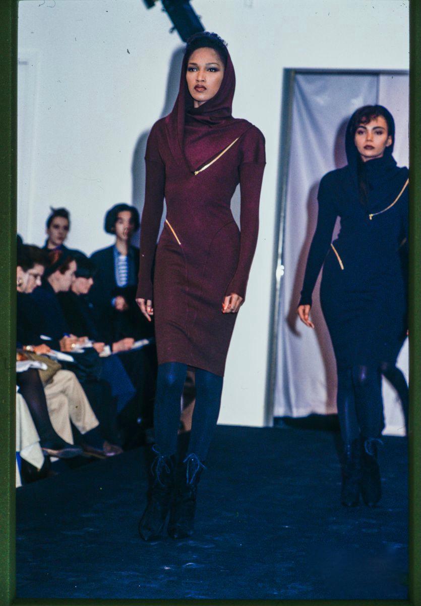 Black 1986 AZZEDINE ALAIA iconic spiral zippered hooded black runway dress