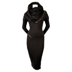 Vintage 1986 AZZEDINE ALAIA iconic spiral zippered hooded black runway dress
