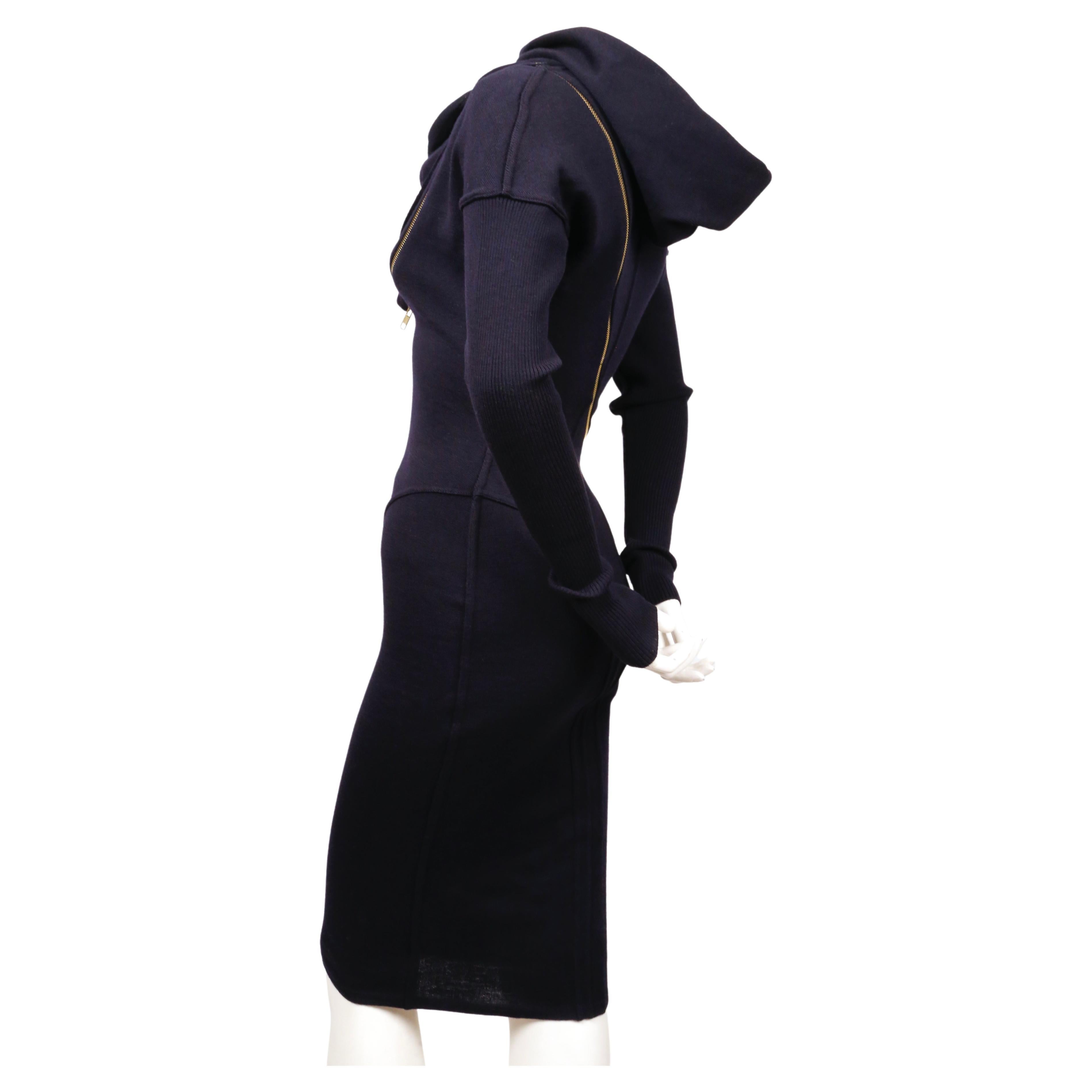 Black 1986 AZZEDINE ALAIA iconic spiral zippered hooded navy blue runway dress