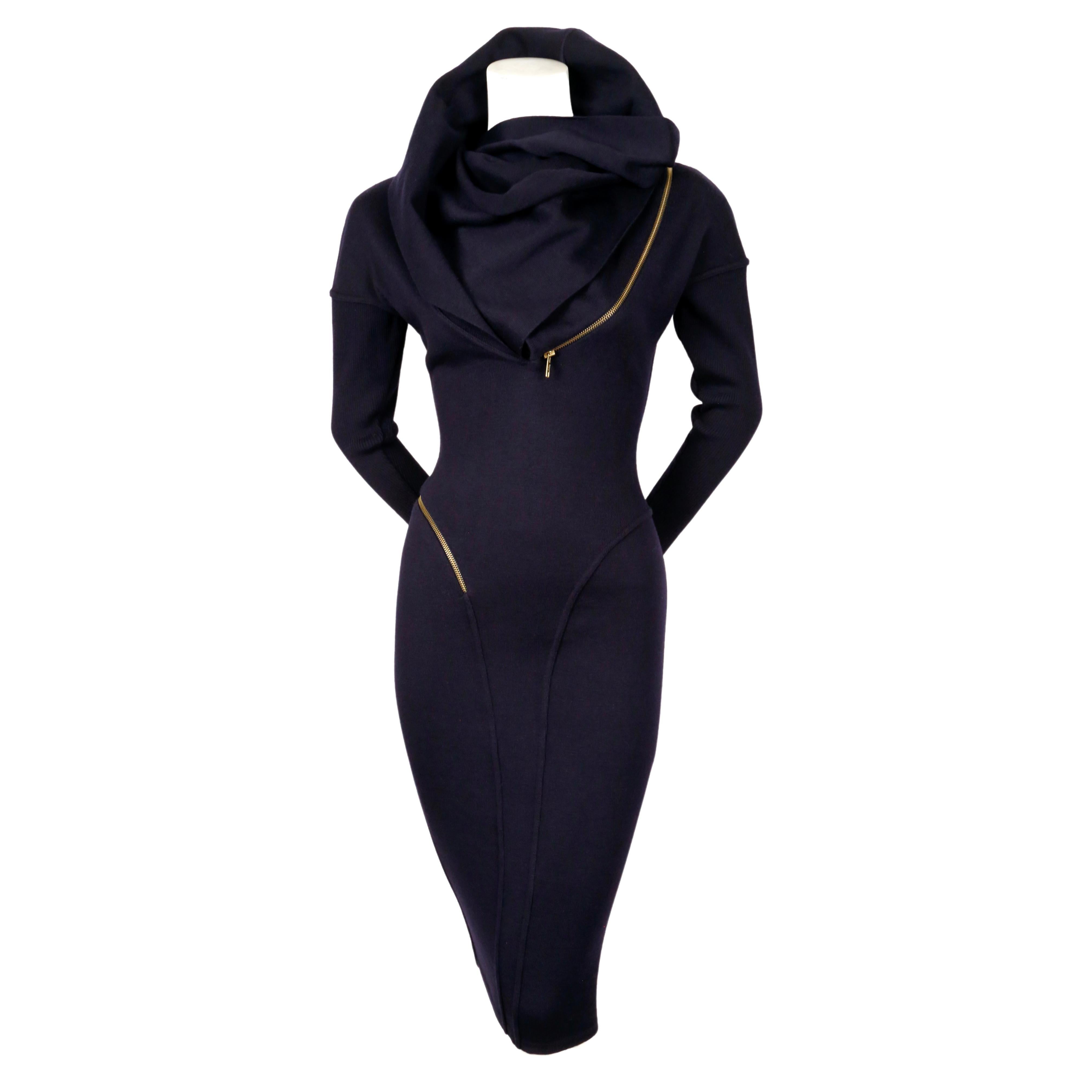 1986 AZZEDINE ALAIA iconic spiral zippered hooded navy blue runway dress