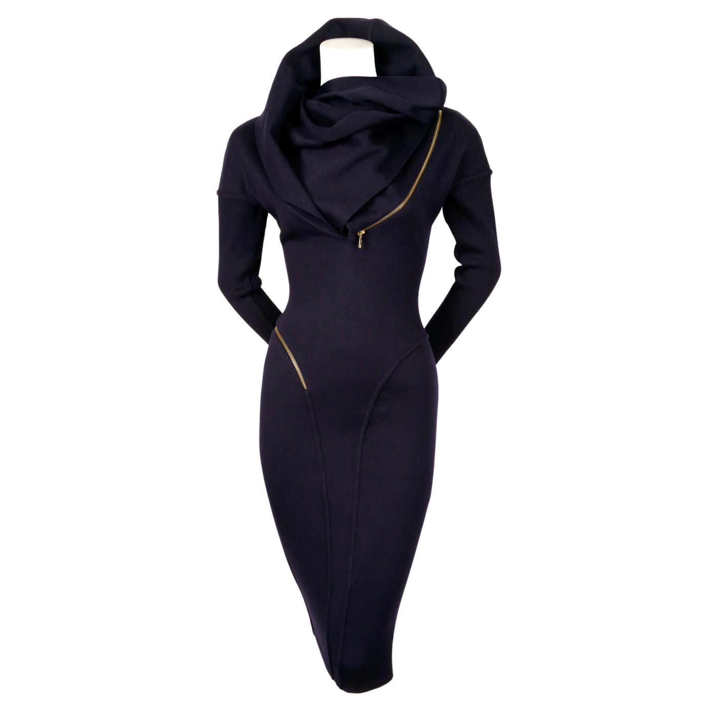 1986 AZZEDINE ALAIA iconic spiral zippered hooded navy blue runway ...