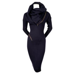 Vintage 1986 AZZEDINE ALAIA iconic spiral zippered hooded navy blue runway dress