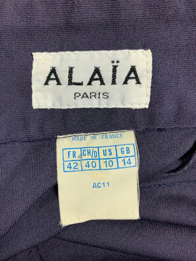 1986 Azzedine Alaia Sheer Purple Hooded Plunging Maxi Dress In Fair Condition In Yukon, OK