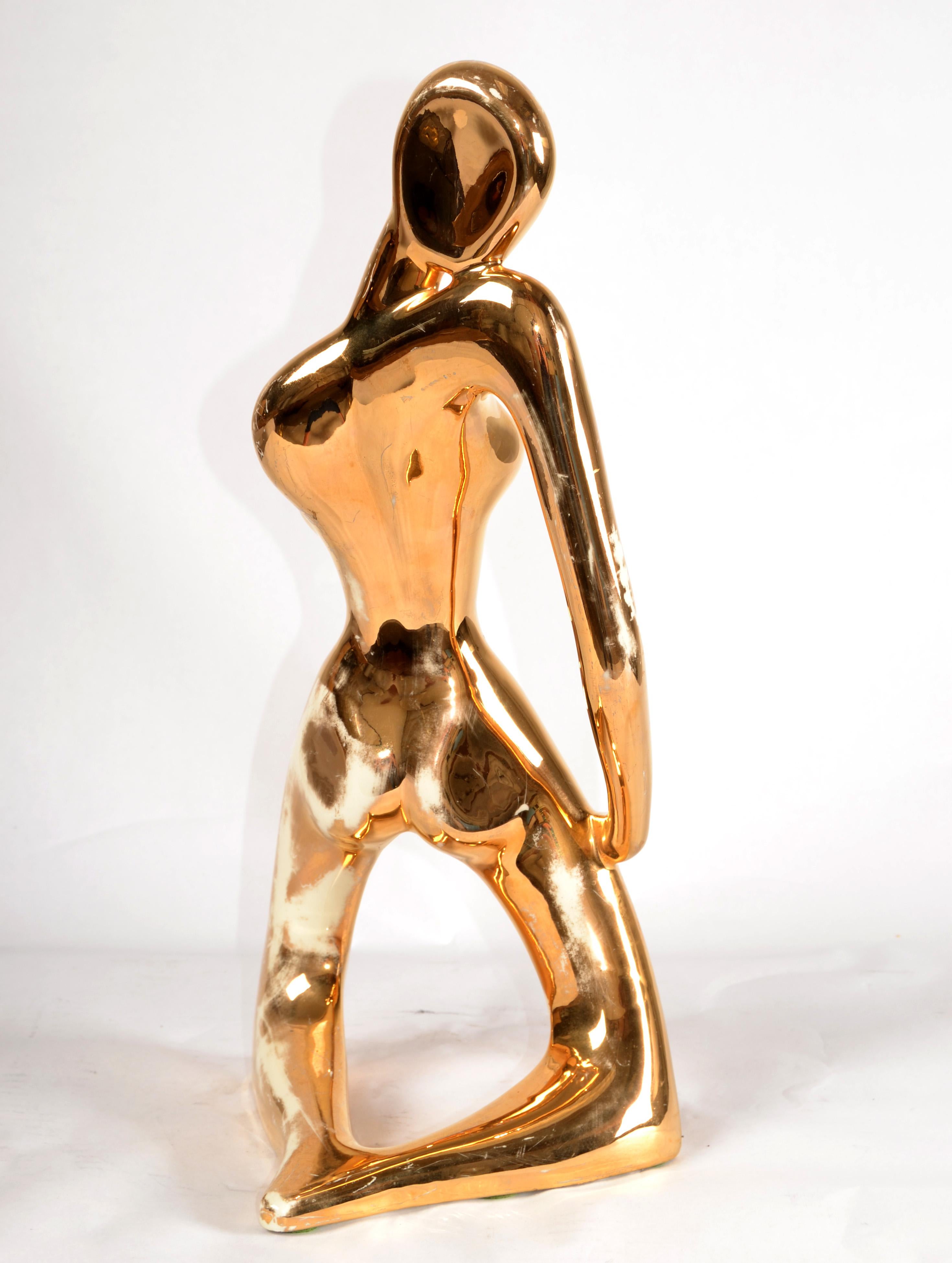 1986 Bohemian Jaru Cubist Nude Ceramic Woman Sculpture Distressed Gold Finish For Sale 9
